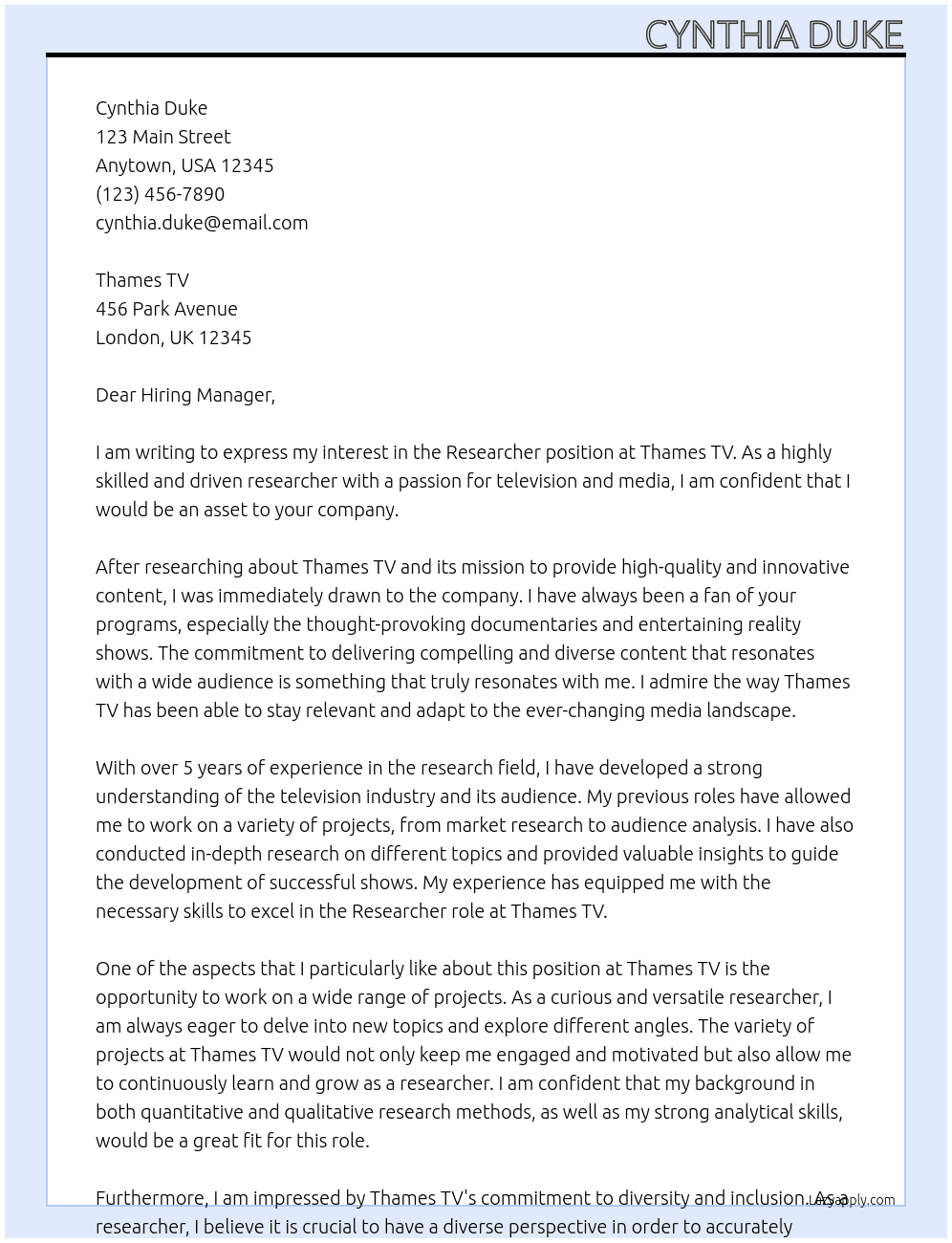 Researcher At Thames TV Cover Letter