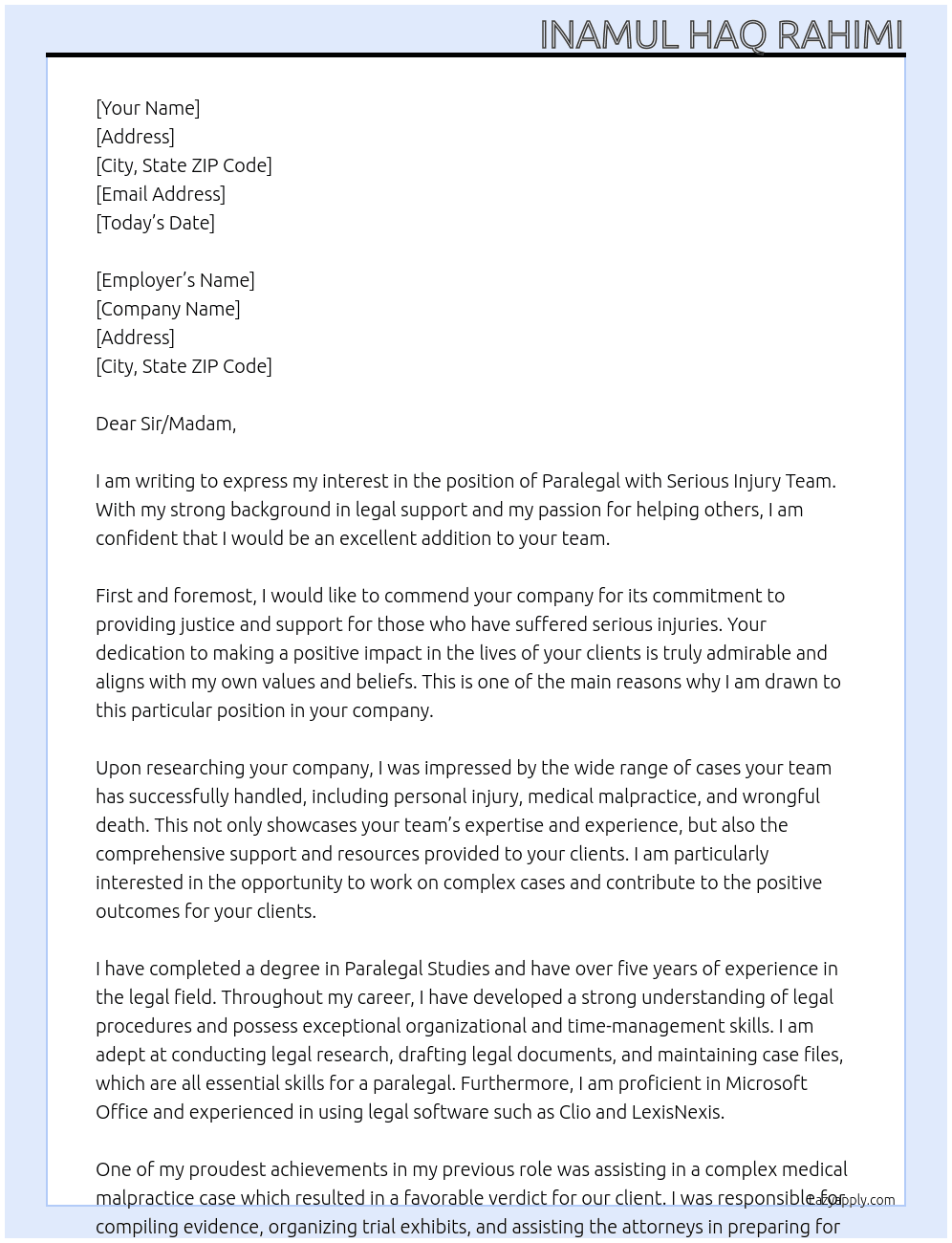 Paralegal At Serious Injury teaeam Cover Letter