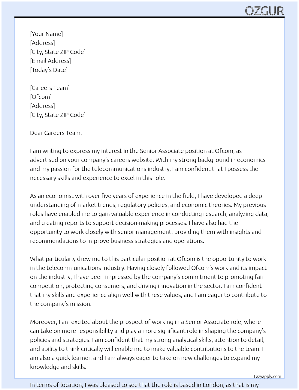 Senior Associate  At Ofcom Cover Letter