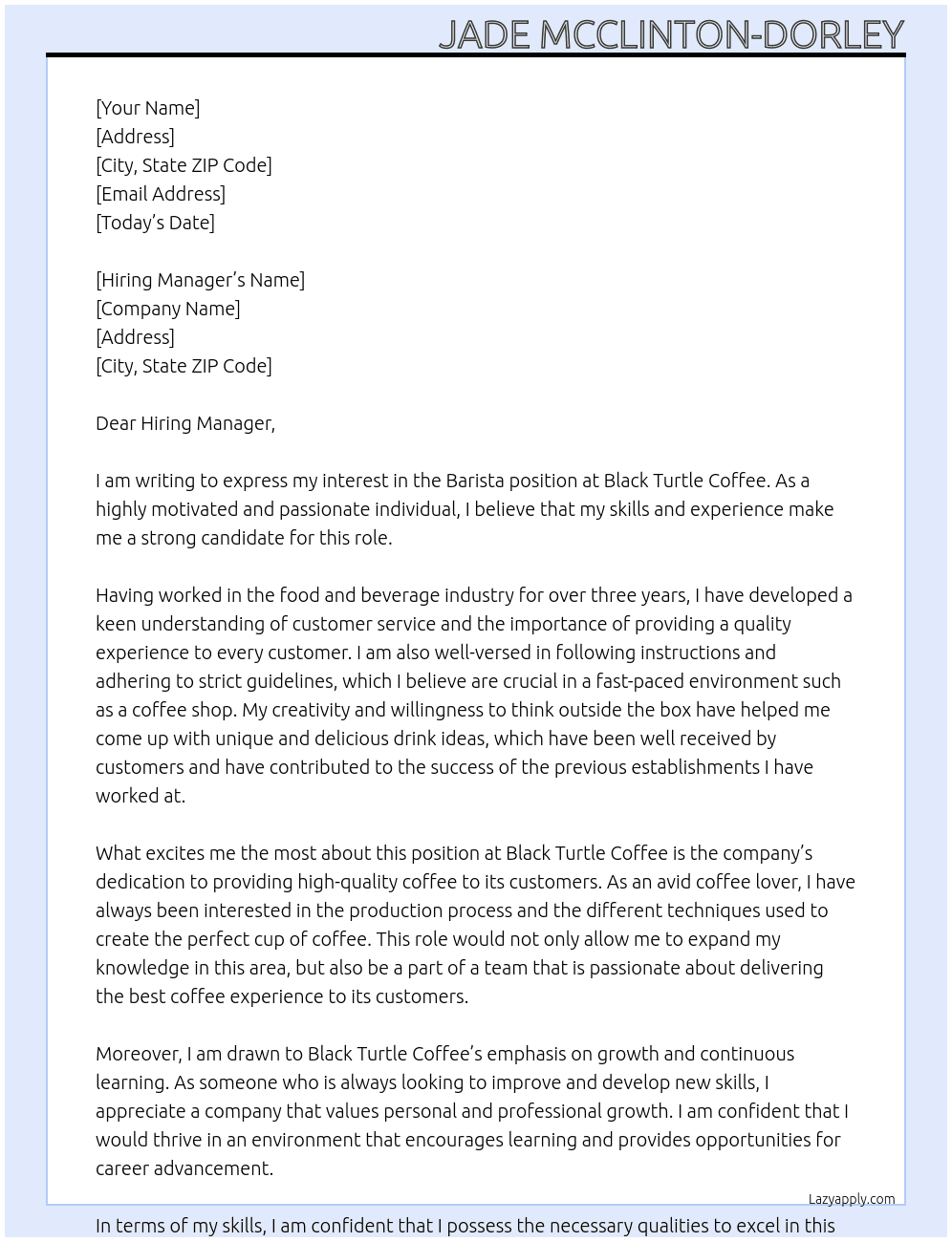 Barista At Black Turtle Coffee Cover Letter