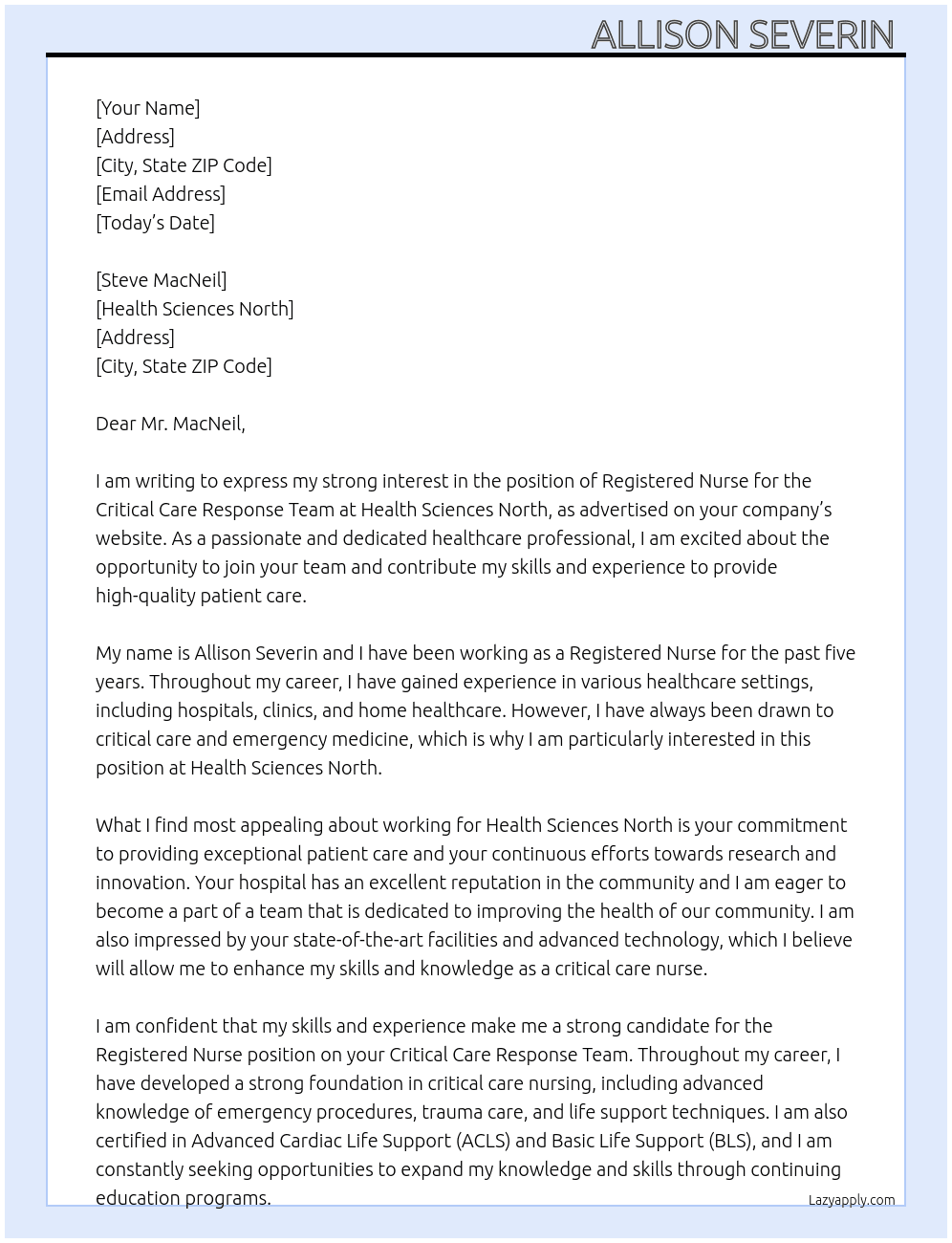 Registered Nurse- critical care response team At Health sciences north Cover Letter