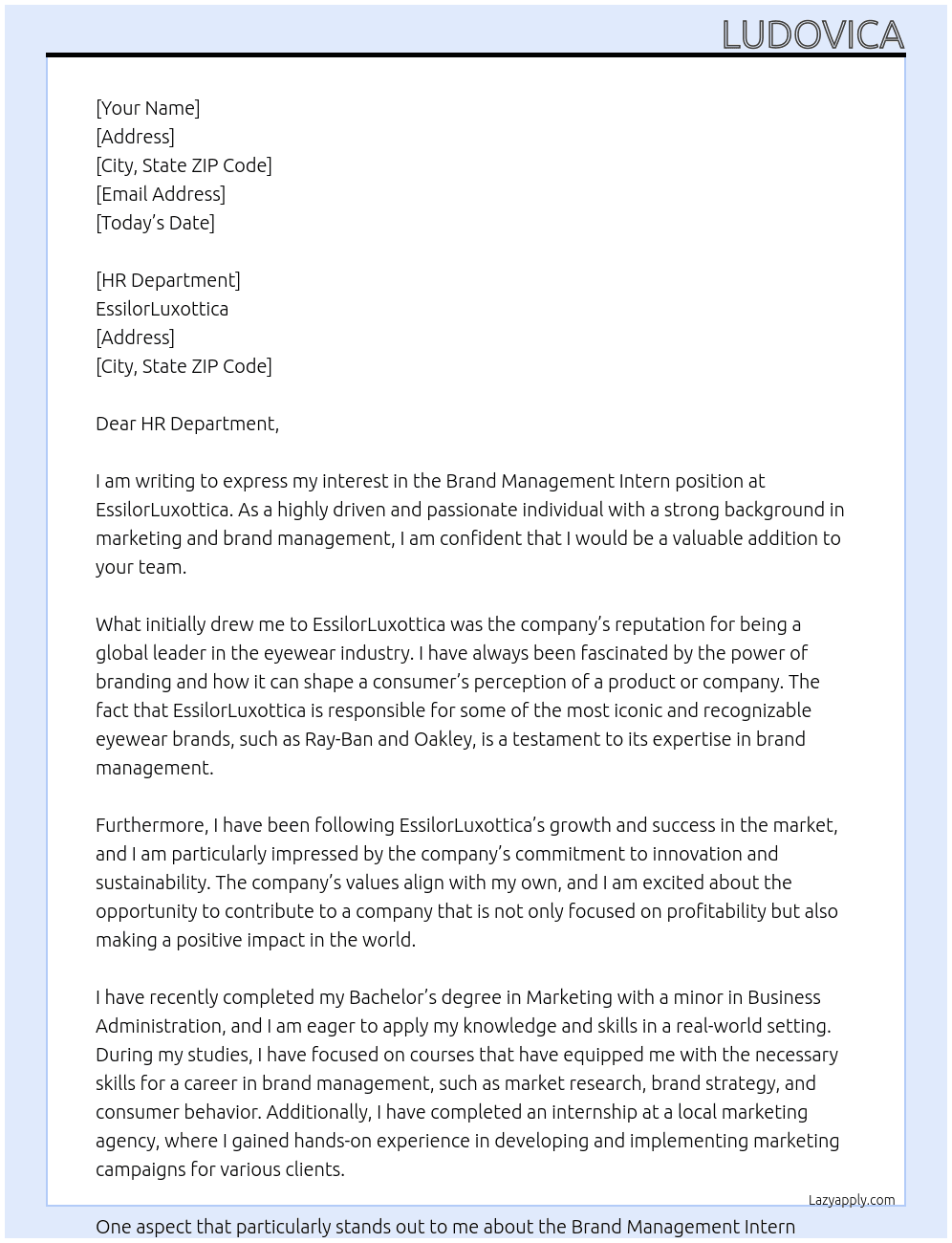 Brand Management Inter At EssilorLuxottica Cover Letter