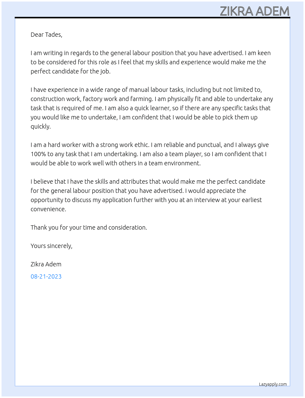 General labour At Farm work Cover Letter