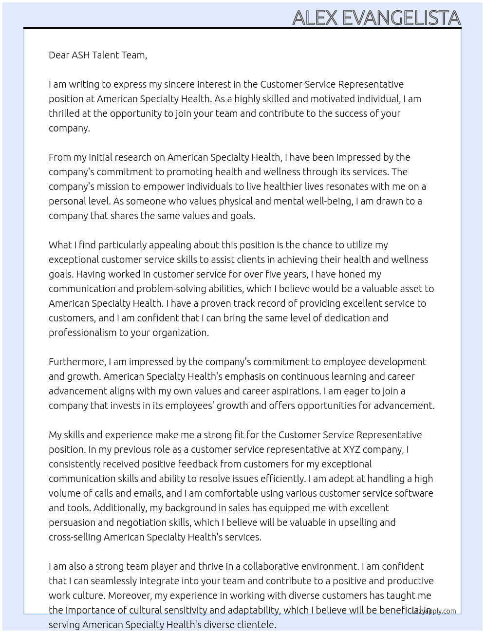 Customer Service Rep At American Specialty Health Cover Letter