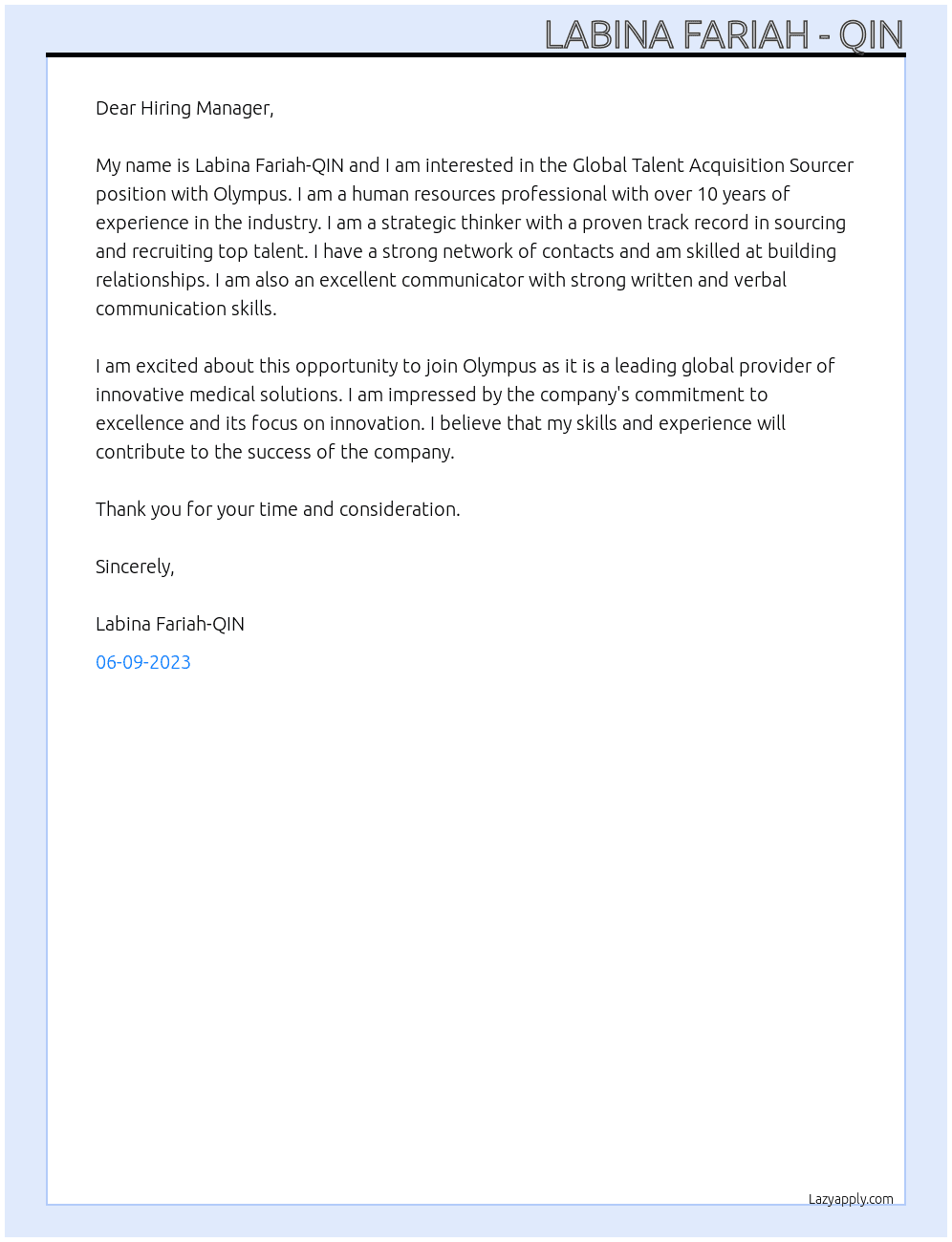 Global Talent Acquisition Sourcer At Olympus Cover Letter