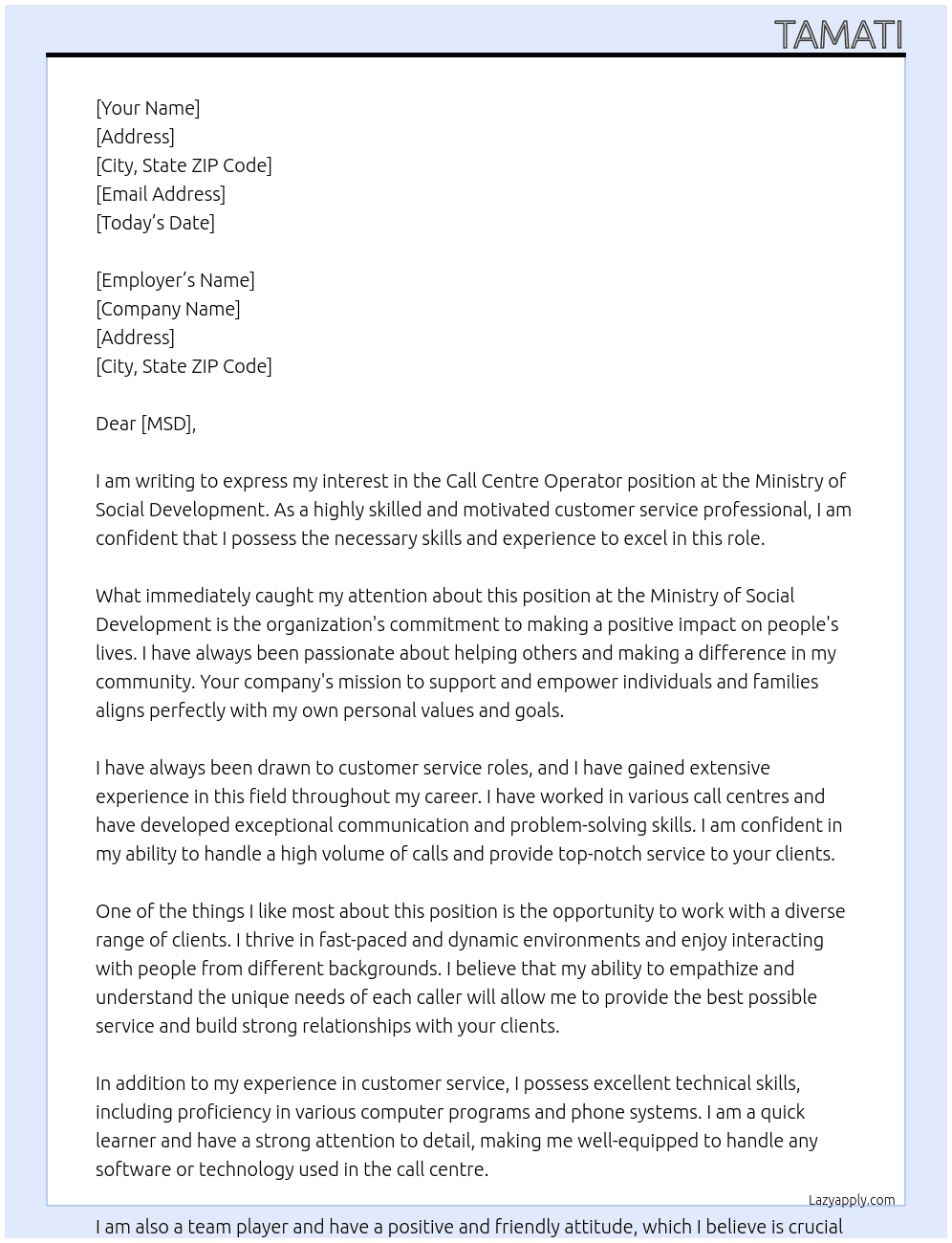Call centre operator At Ministry of Social Development Cover Letter