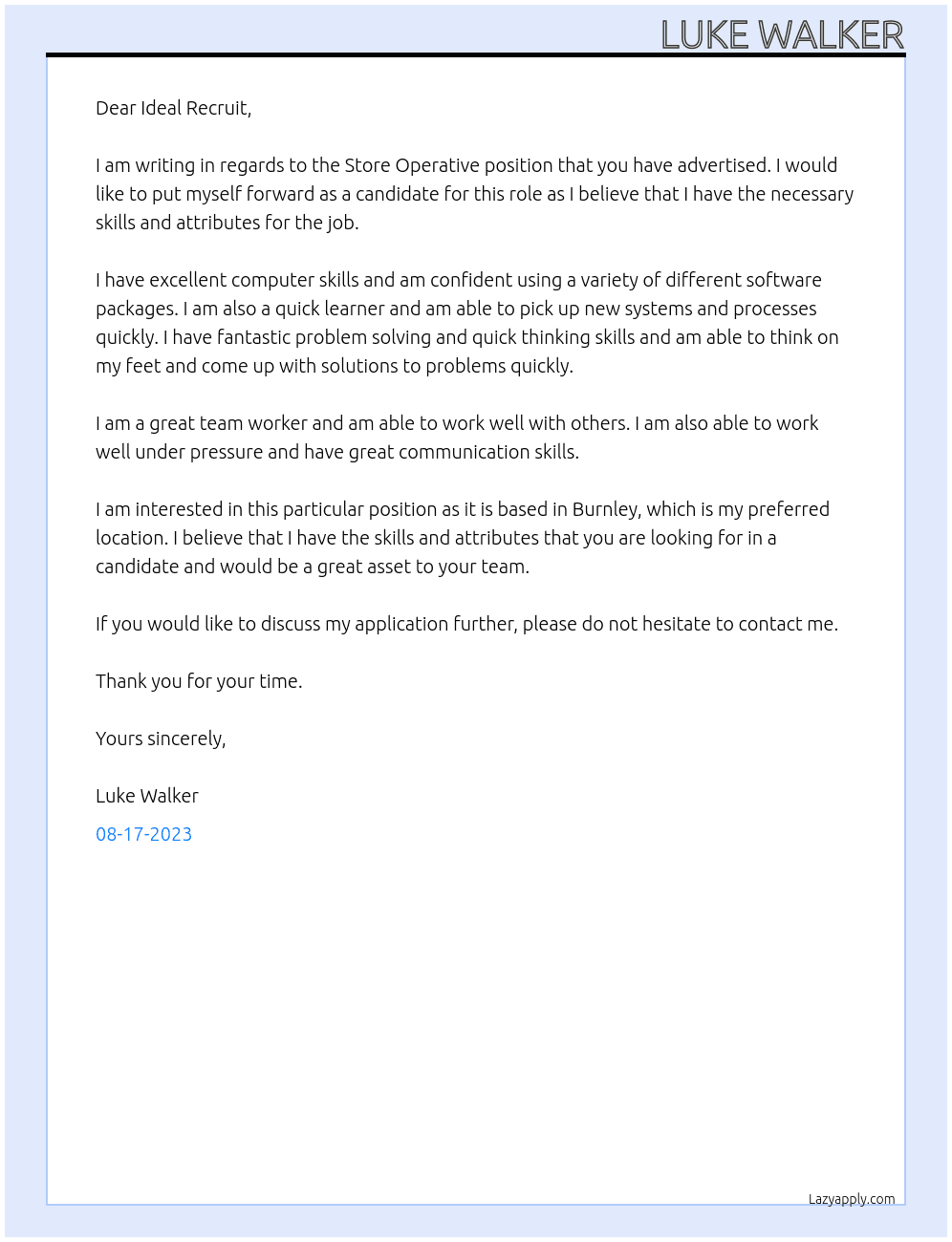 Store Operative  At Ideal Recruit Cover Letter