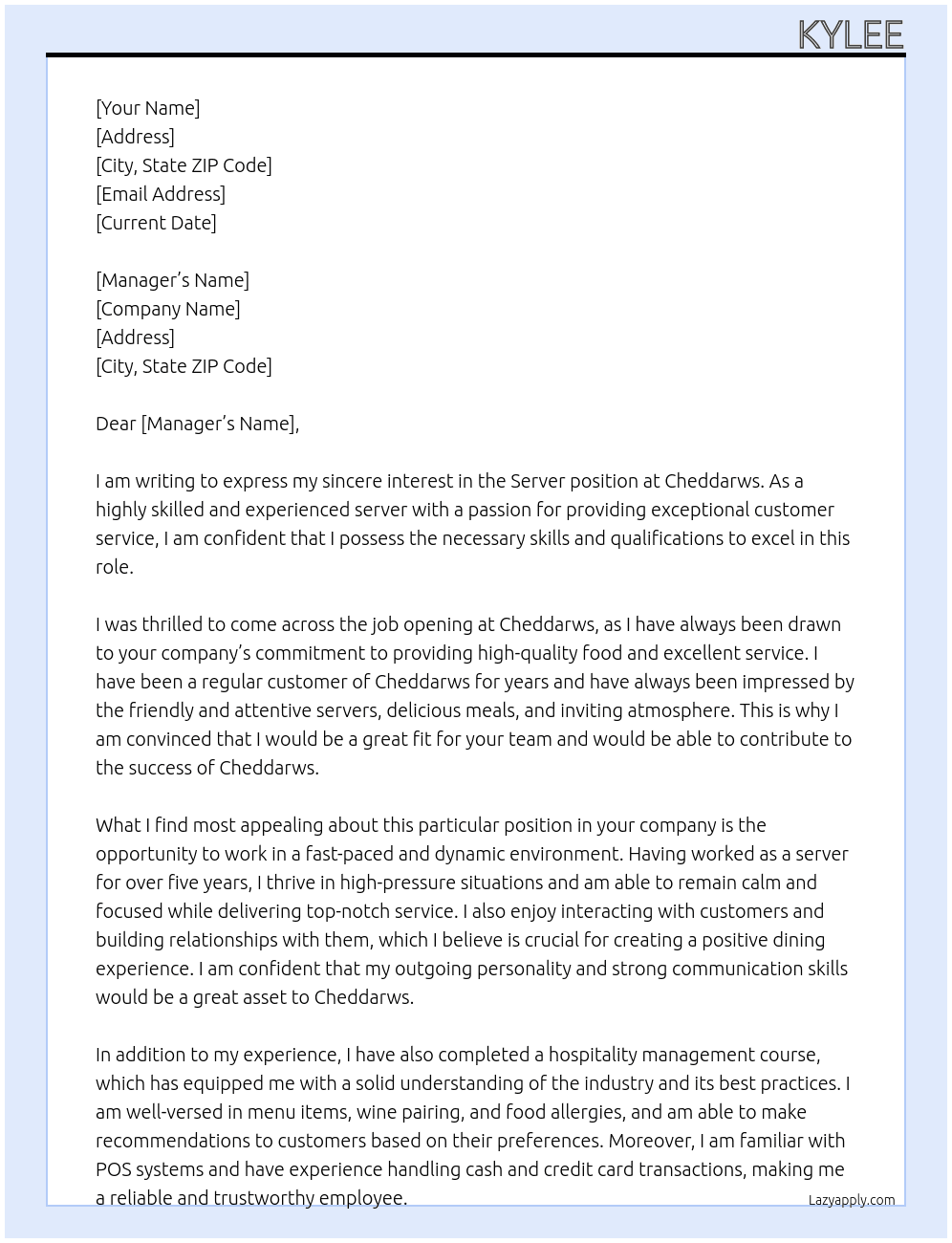 Server At Cheddarws Cover Letter
