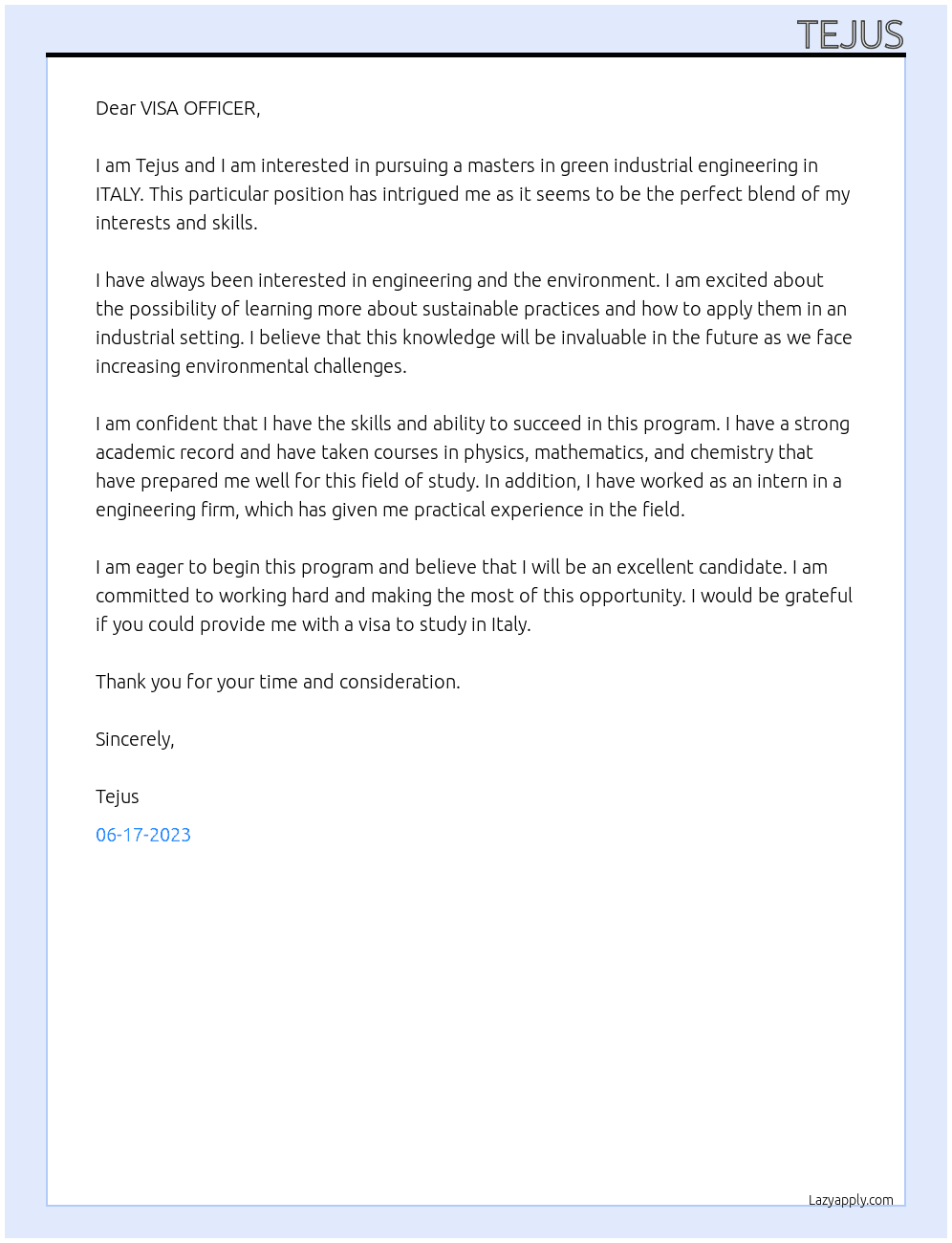masters in green industrial engineering At ITALY Cover Letter