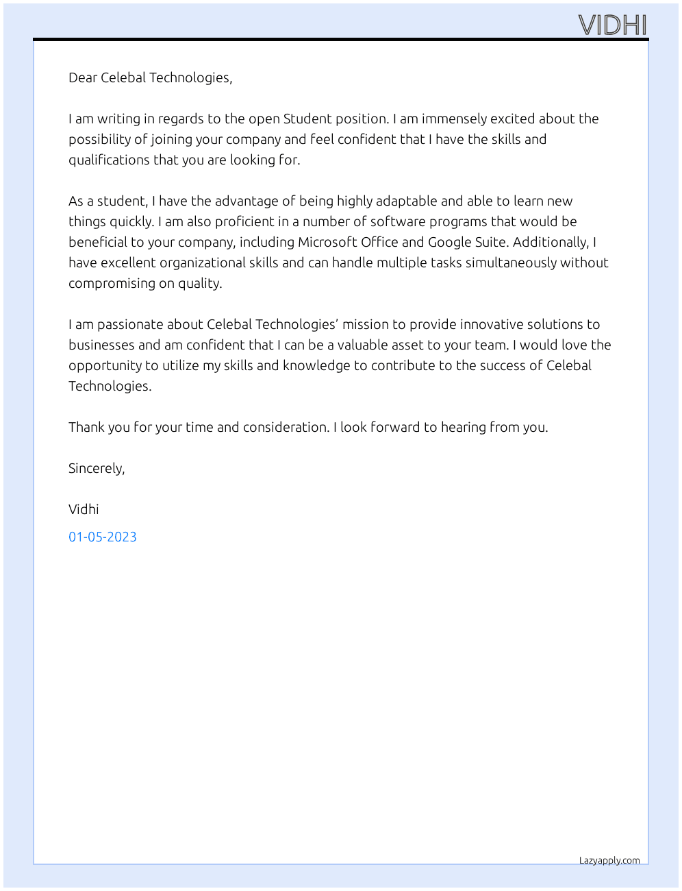 Student At Celebal Technologies Cover Letter