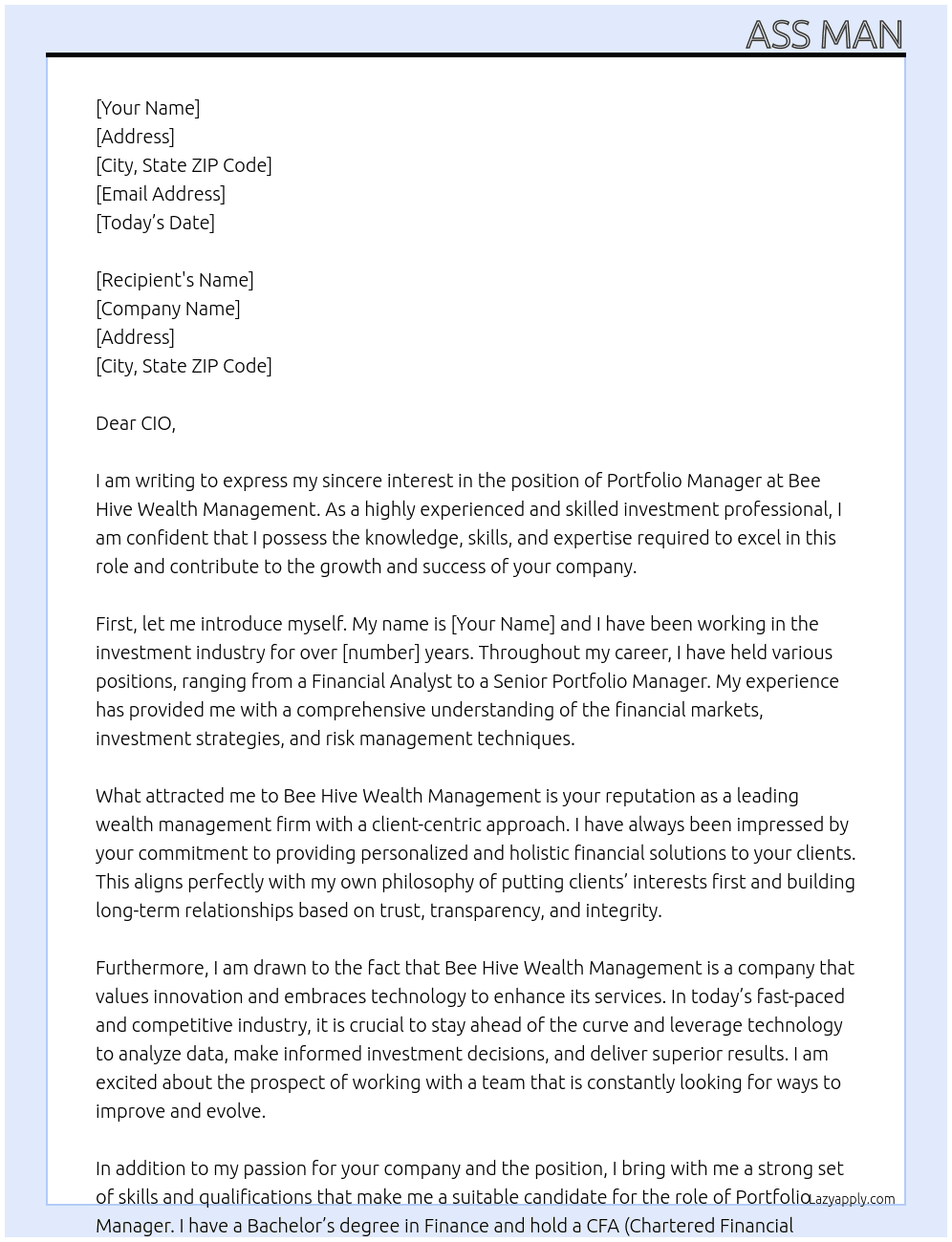 Portfolio Manager At Bee Hive Wealth Management Cover Letter