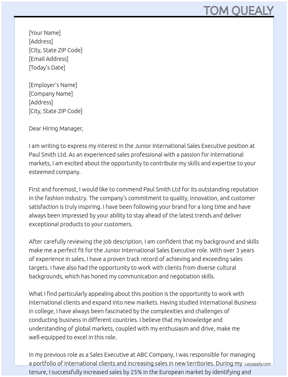 Junior International Sales Executive At Paul Smith Ltd Cover Letter