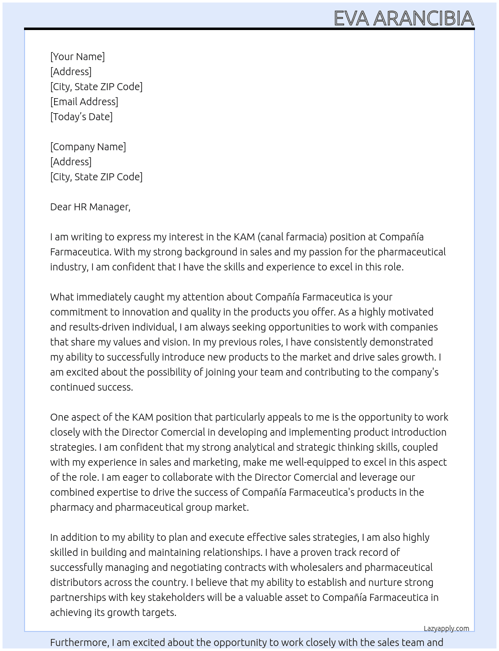 KAM (canal farmacia) At Compañía Farmaceutica Cover Letter