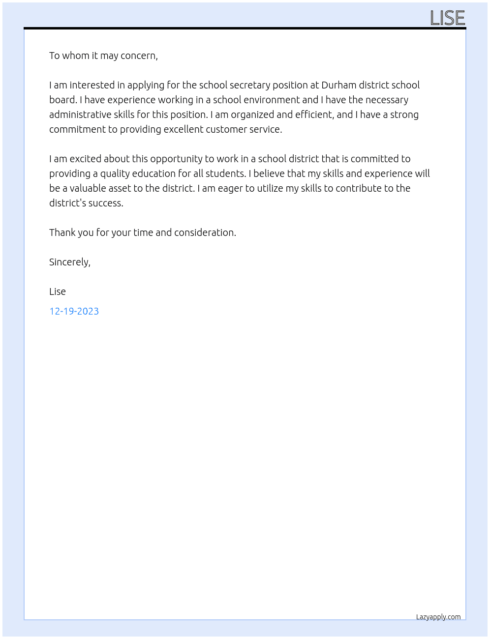School secretary  At Durham district school board  Cover Letter