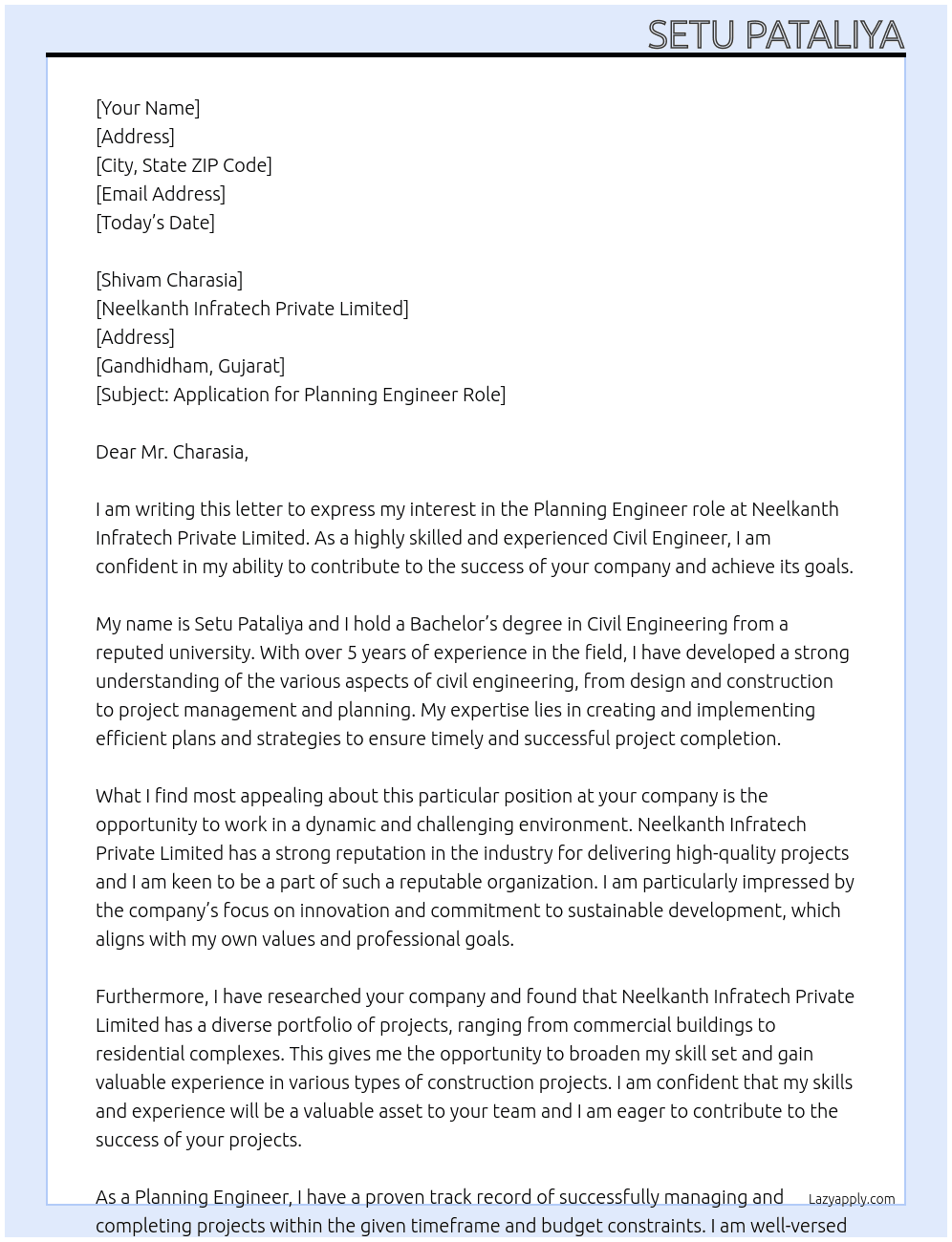 Civil engineer  At Neelkanth Infratech Private Limited  Cover Letter