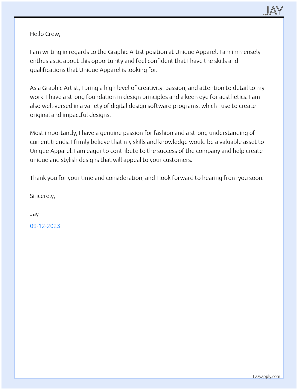 Graphic Artist At Unique Apparel Cover Letter