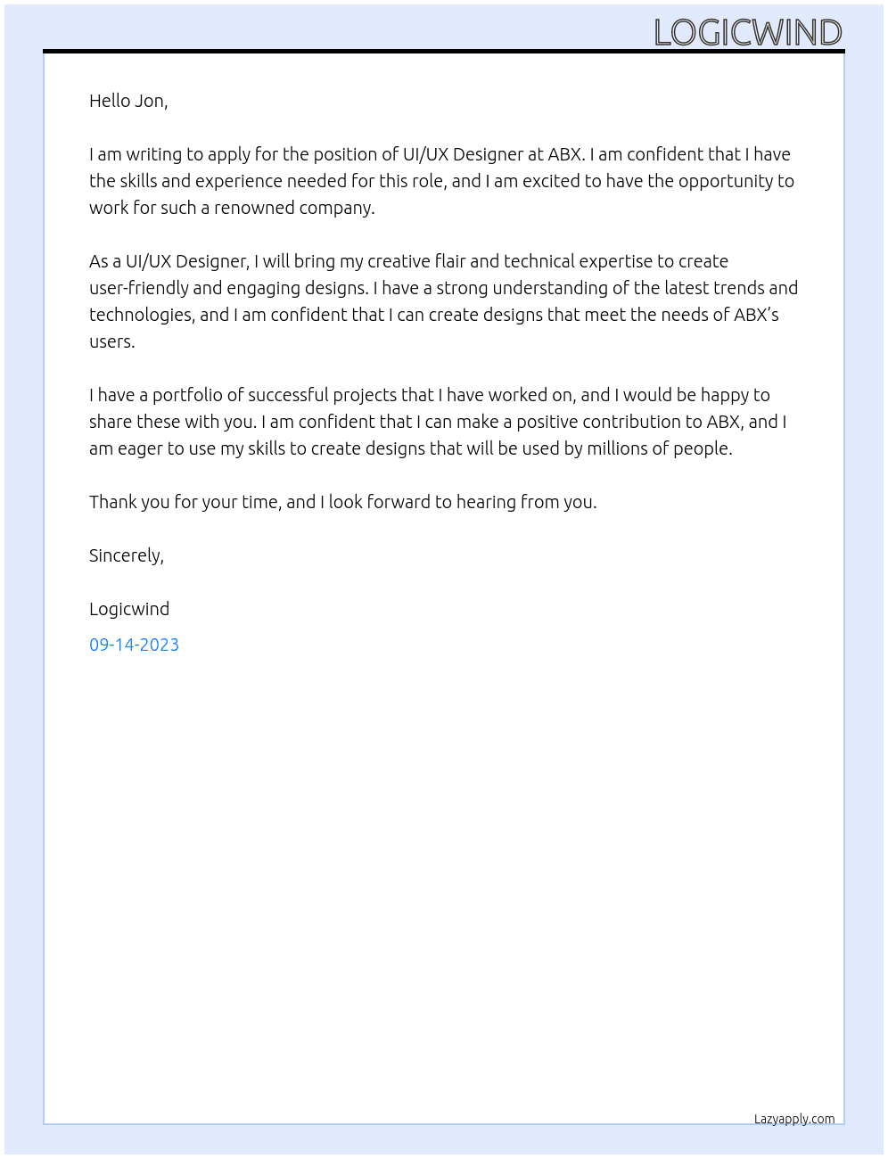 UI/UX Designer At ABX Cover Letter