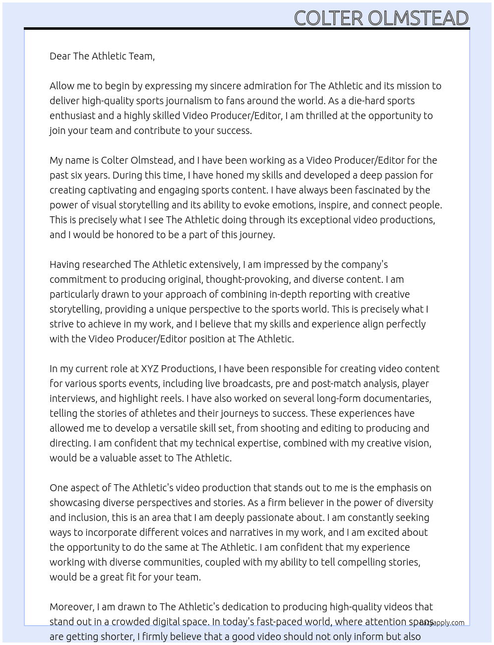 Video Producer/Editor At The Athletic Cover Letter
