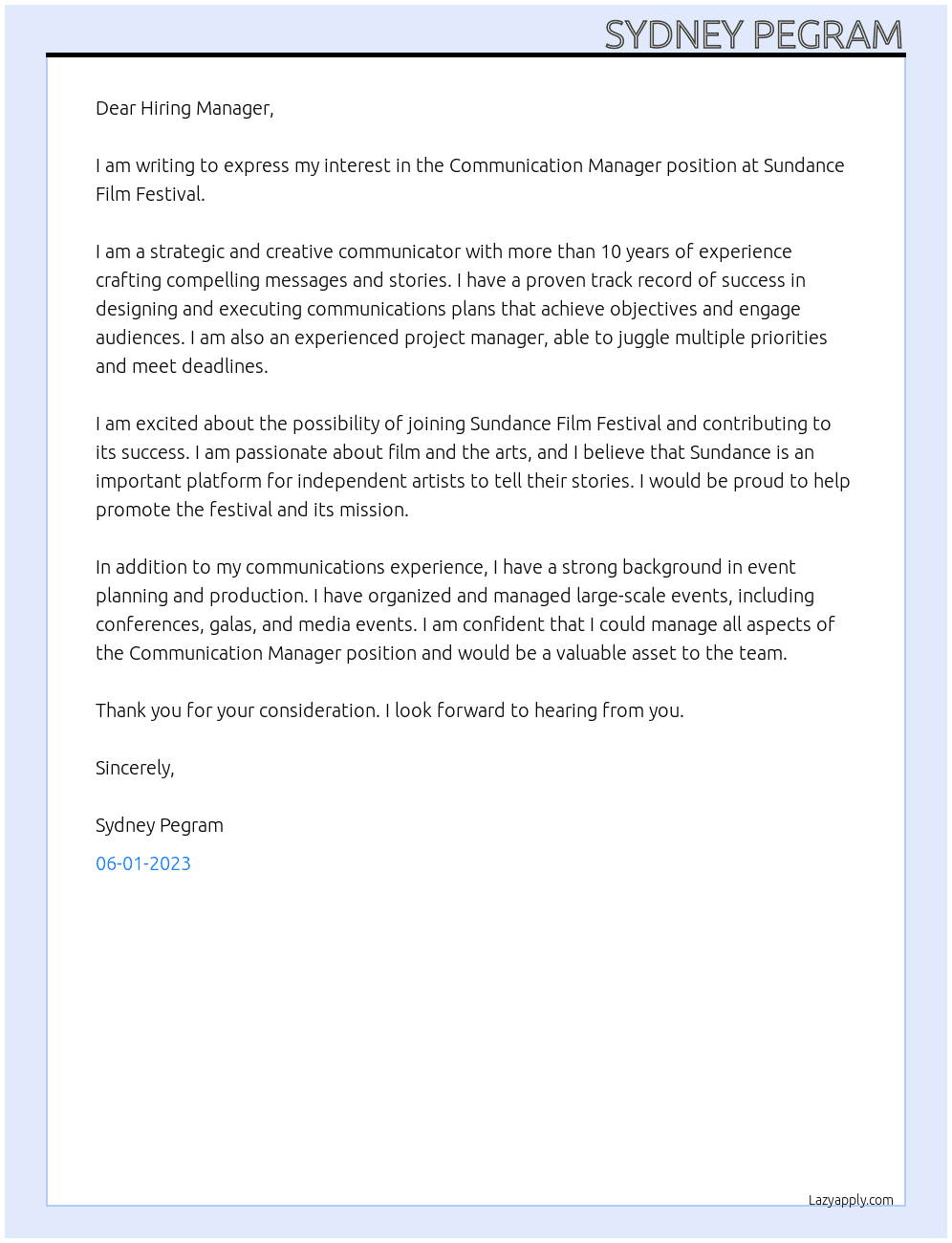 Communication Manager At Sundance Film Festival Cover Letter