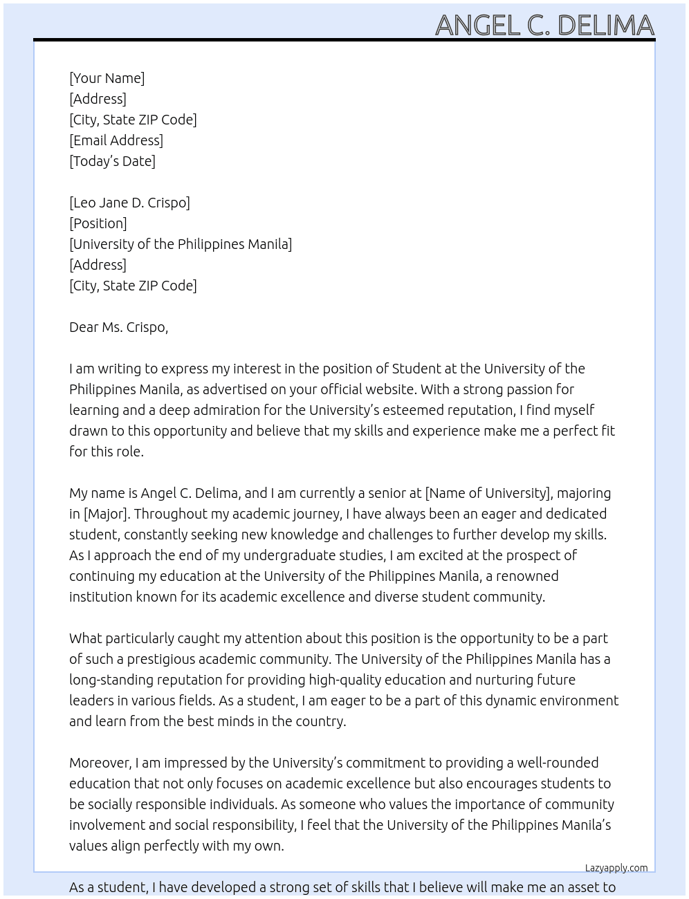 a student At University of the Philippines manila  Cover Letter