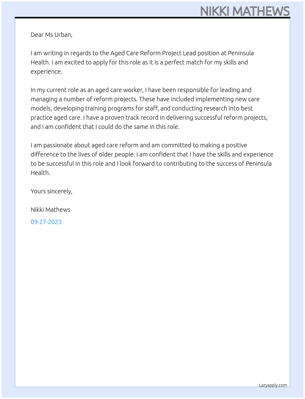 Aged Care Reform Project Lead At Peninsula Health  Cover Letter