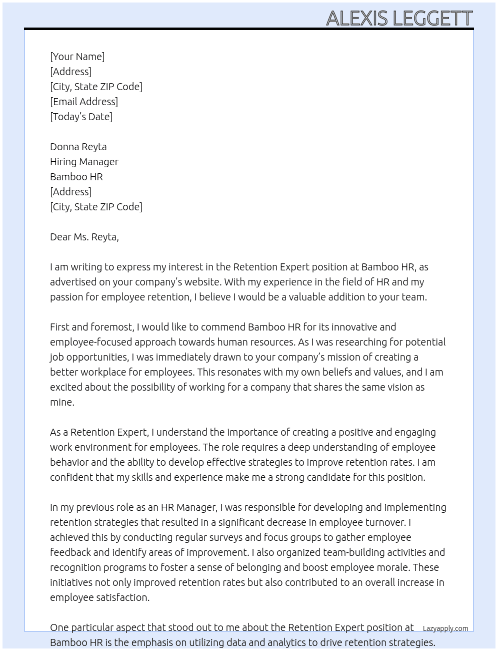 Retention expert At Bamboo HR Cover Letter