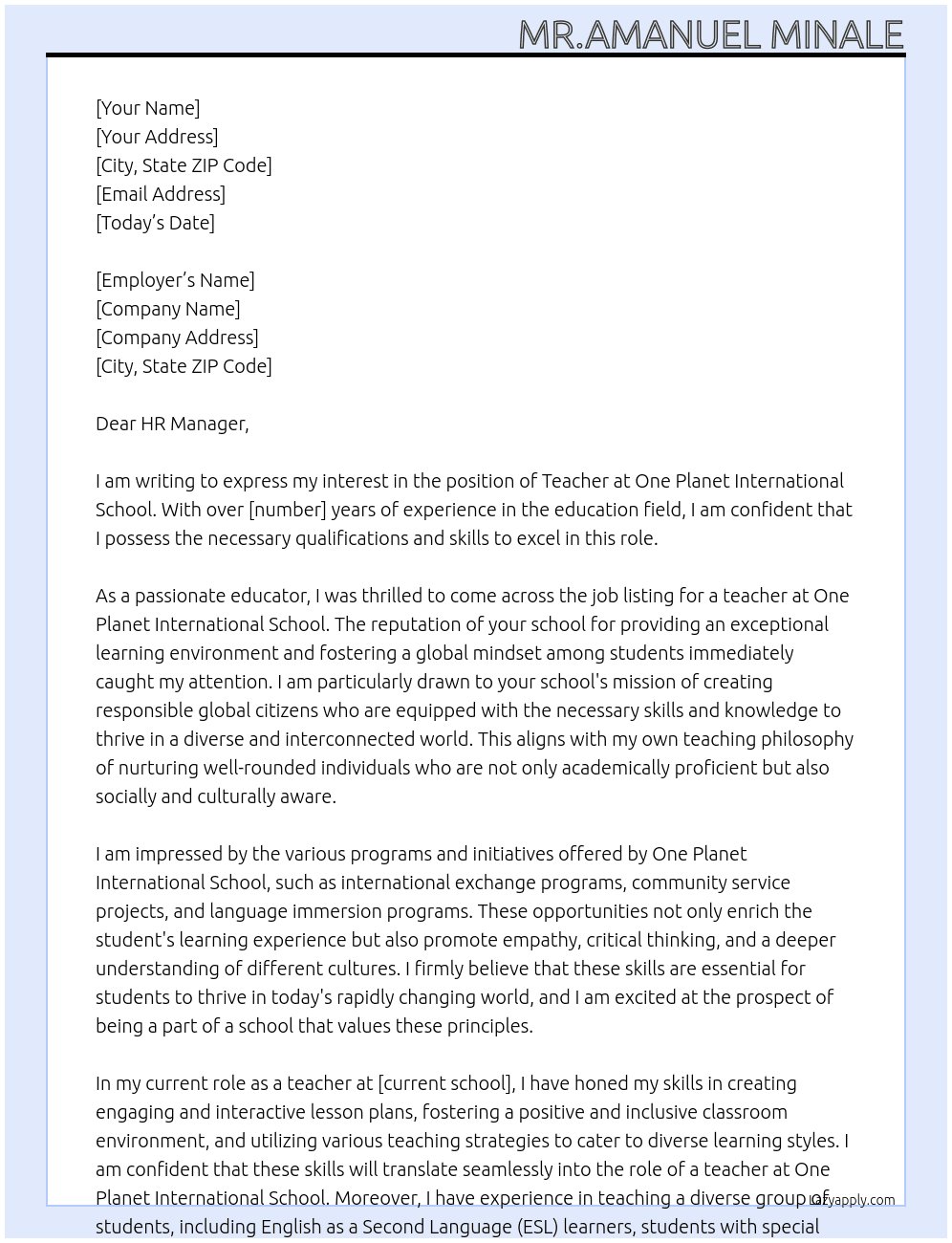 Teacher At One Planet International School Cover Letter