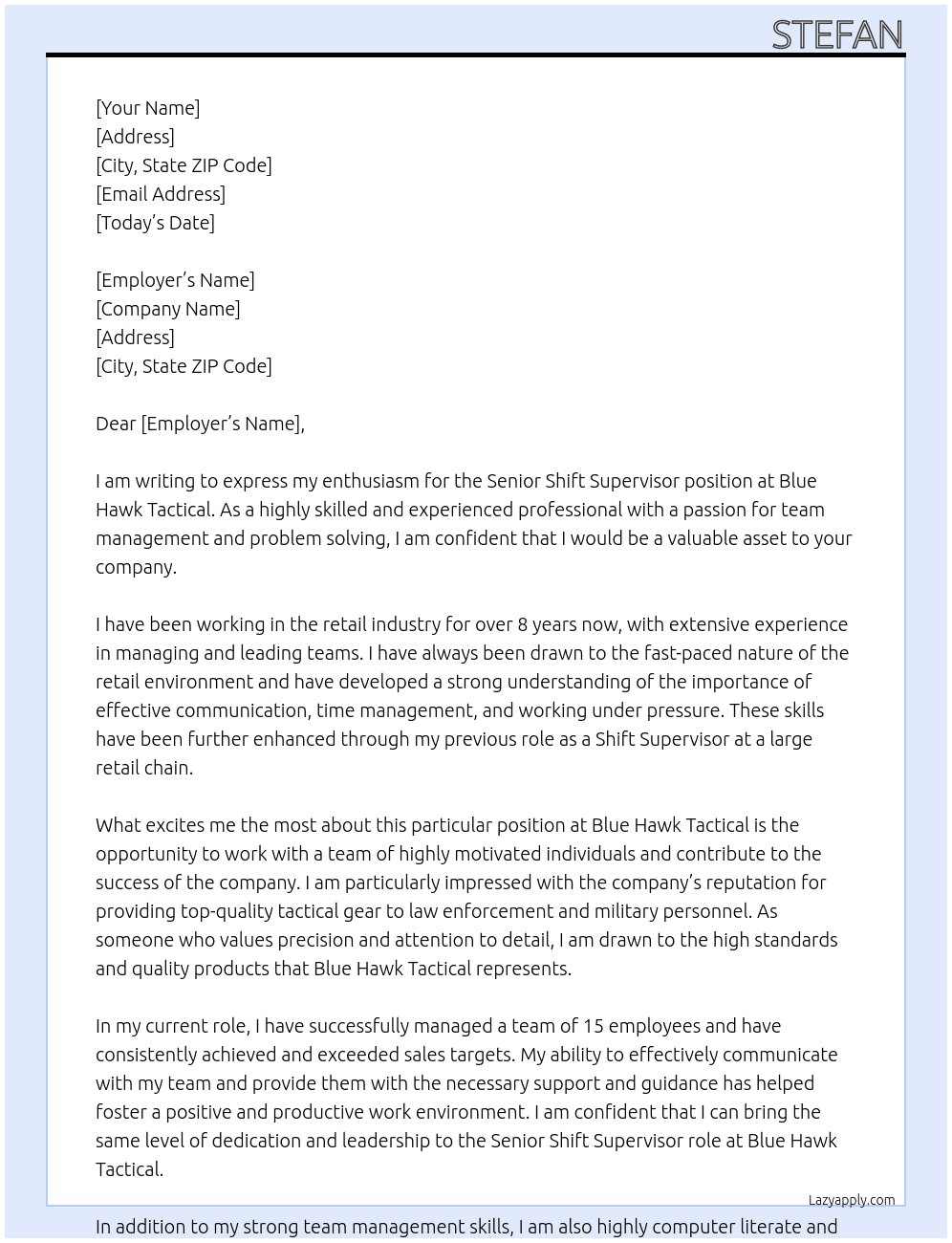 Senior Shift Supervisor At Blue Hawk Tactical Cover Letter