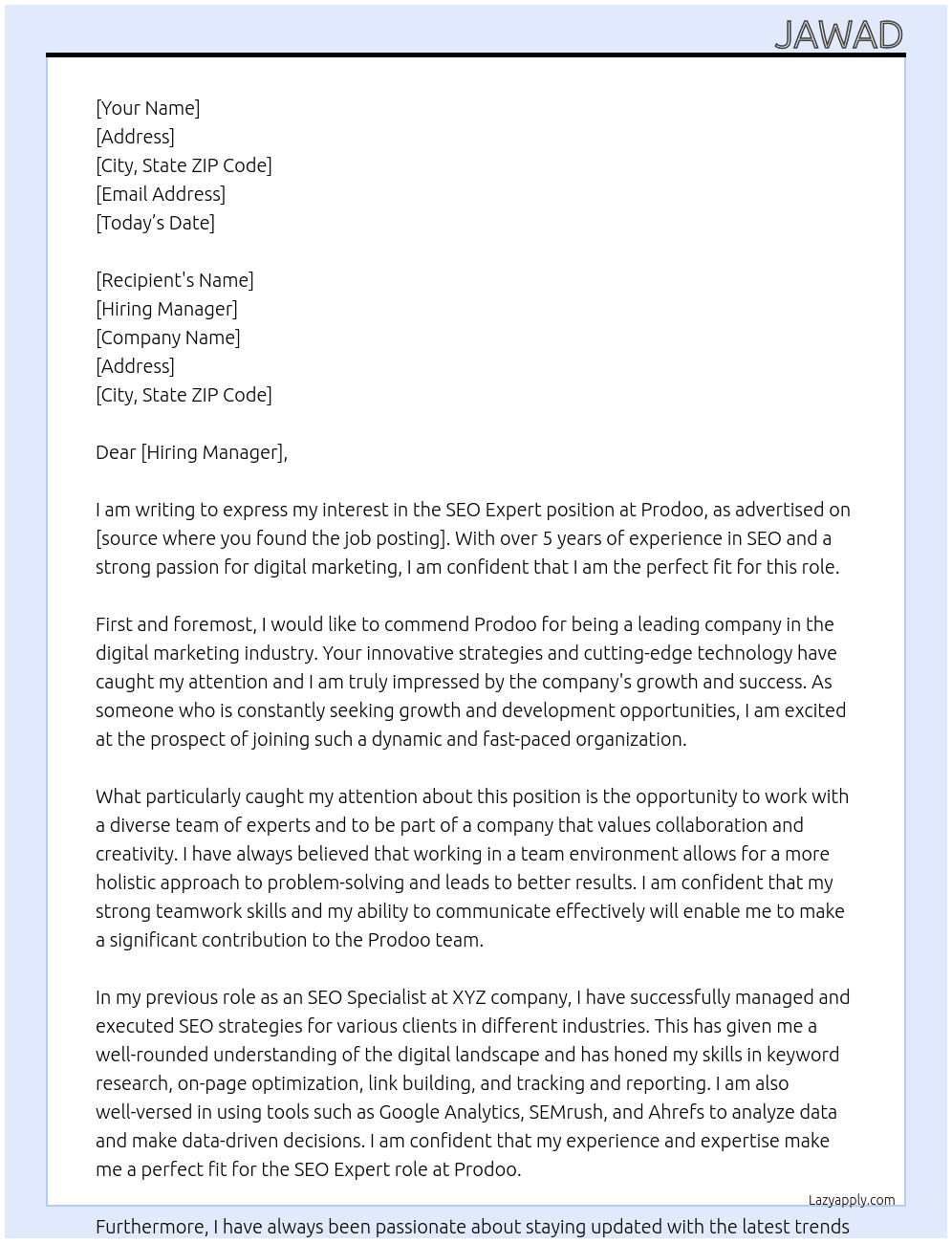 SEO Exrert At Prodoo Cover Letter