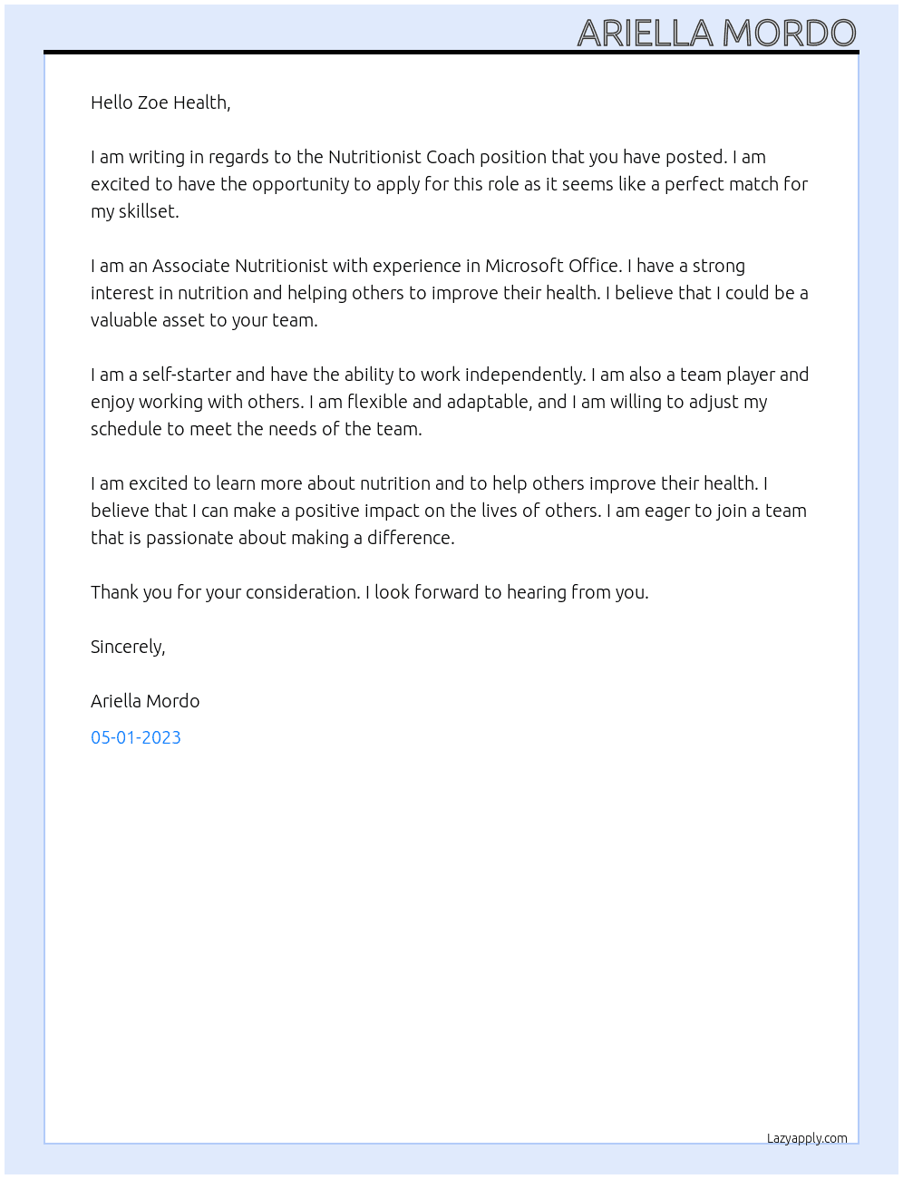 Nutritionist Coach At Zoe Health Cover Letter