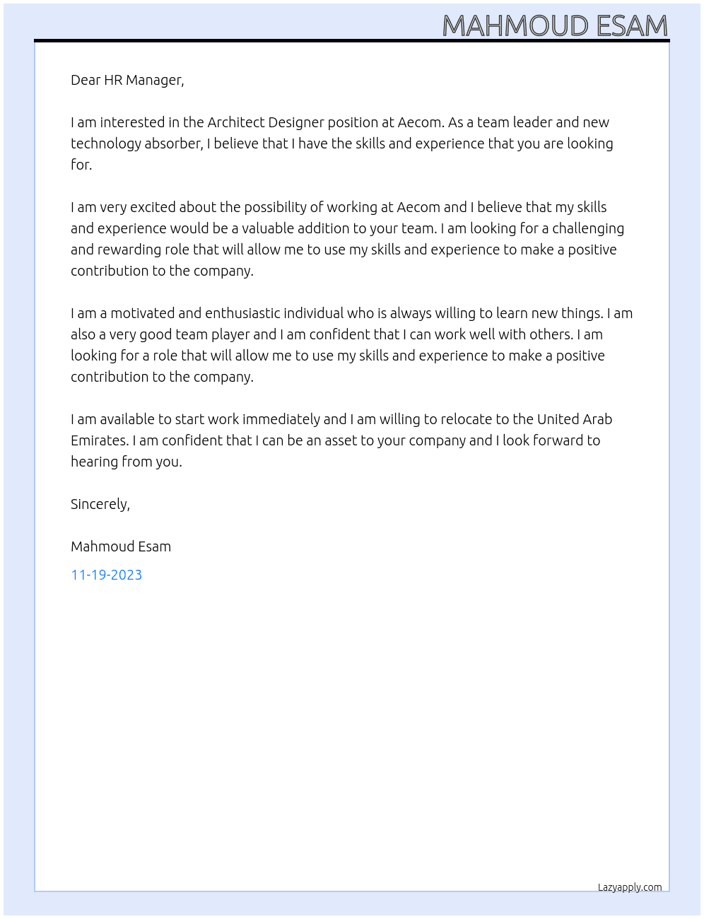 Architect Designer At Aecom Cover Letter