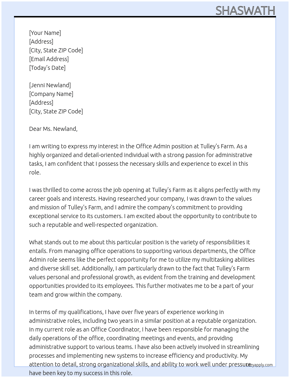 Office Admin At Tulley’s Farm  Cover Letter