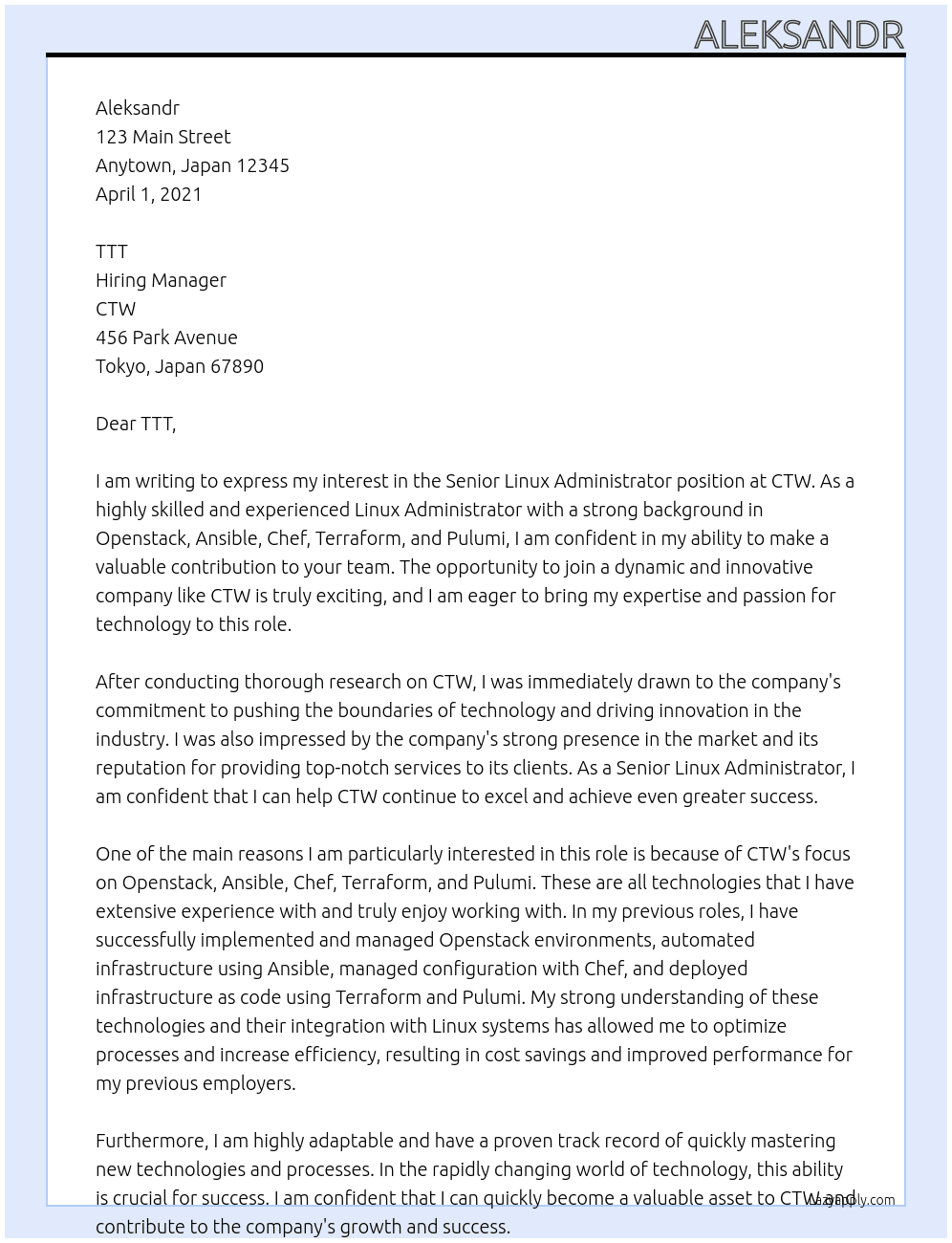 Senior Linux Administrator At CTW Cover Letter