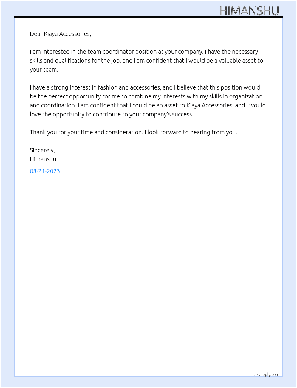 Team coordinator  At Kiaya Accessories  Cover Letter