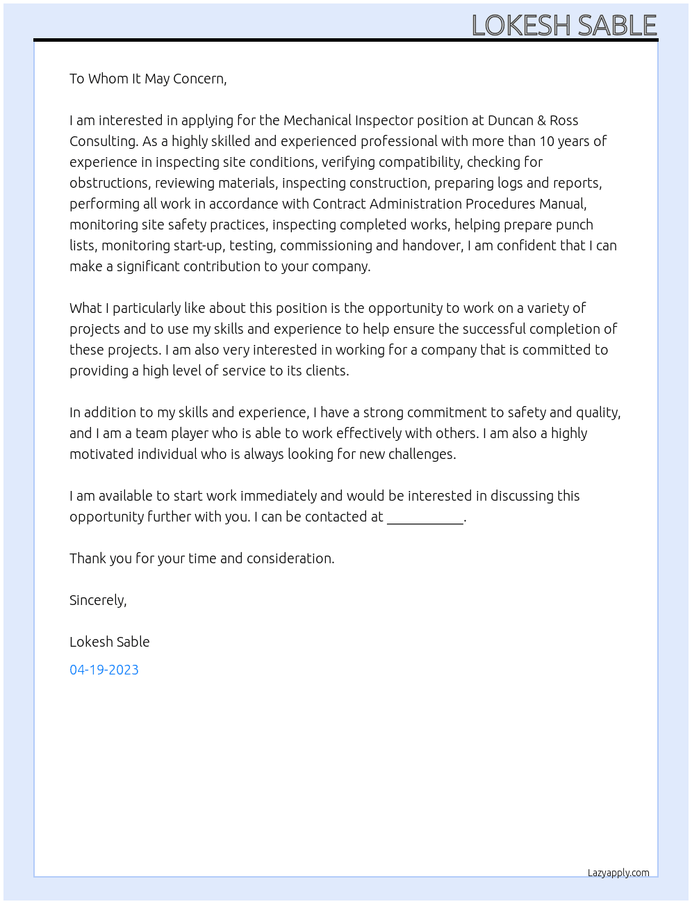  MECHANICAL INSPECTOR At Duncan & Ross Consulting Cover Letter