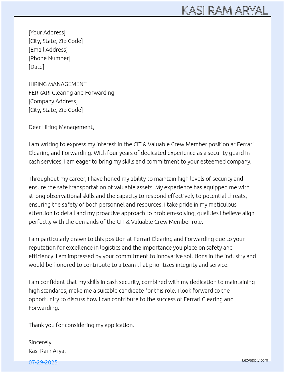 CIT & VALUABLE CREW MEMBER  At FERRARI clearing and Forwarding  Cover Letter