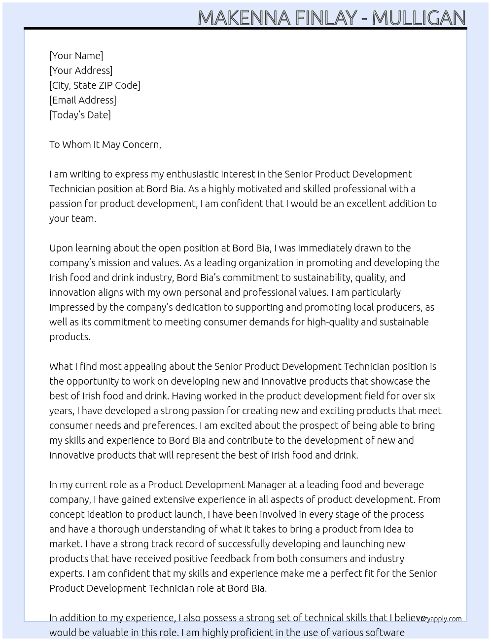 Senior Product Development Technician At Bord Bia Cover Letter