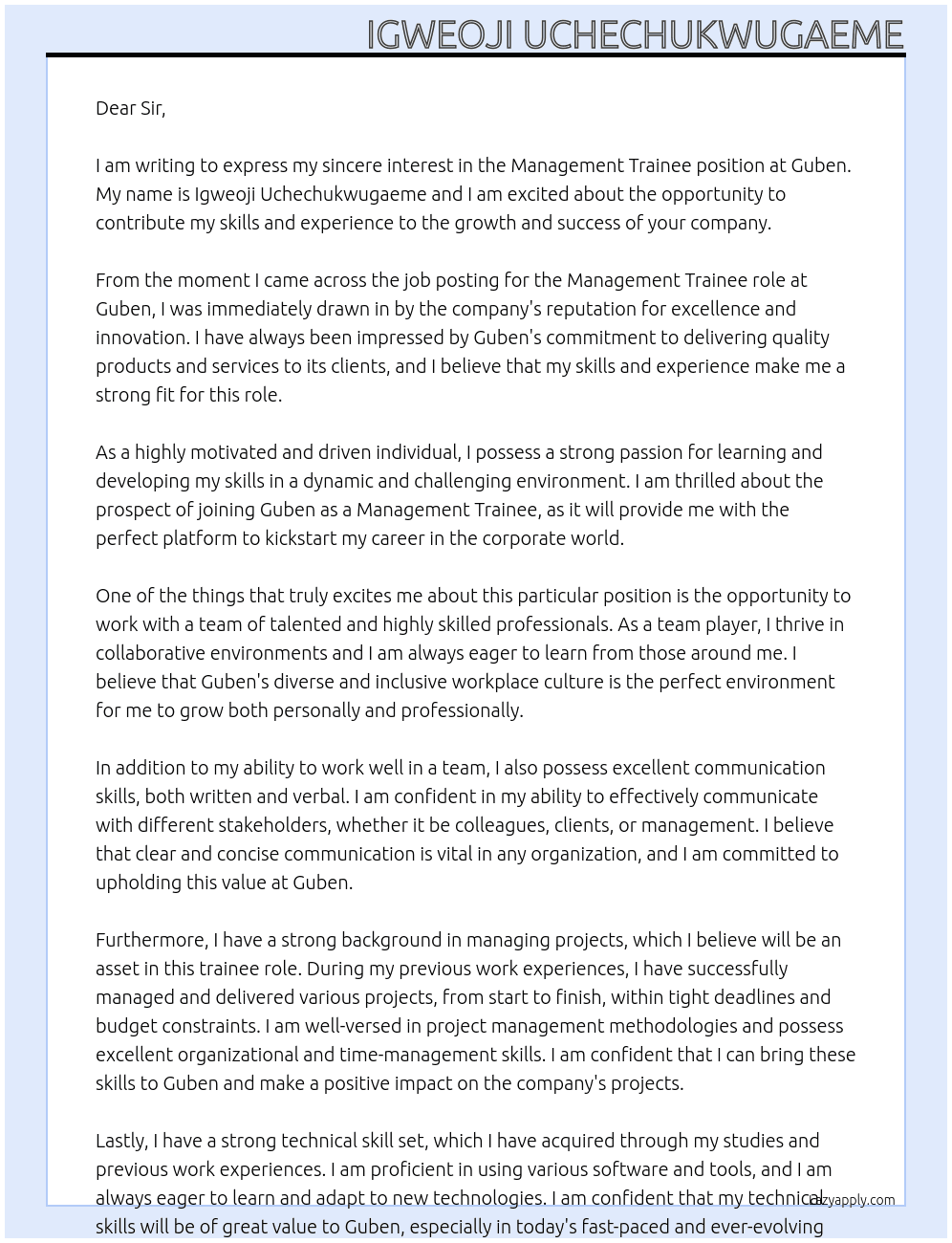 Management Trainee At Guben Cover Letter