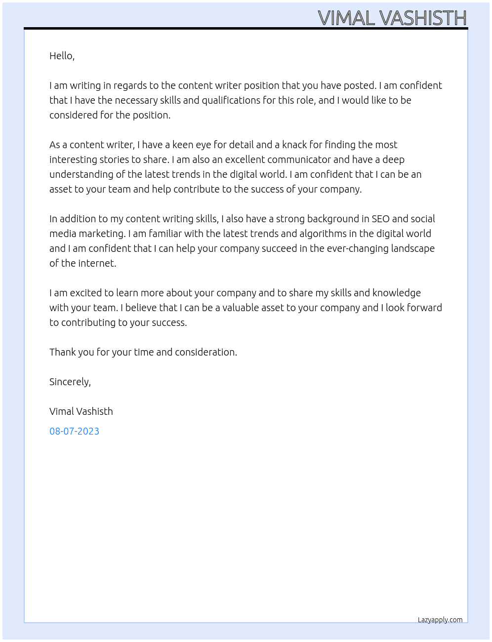 Content writer At Content writer article Cover Letter