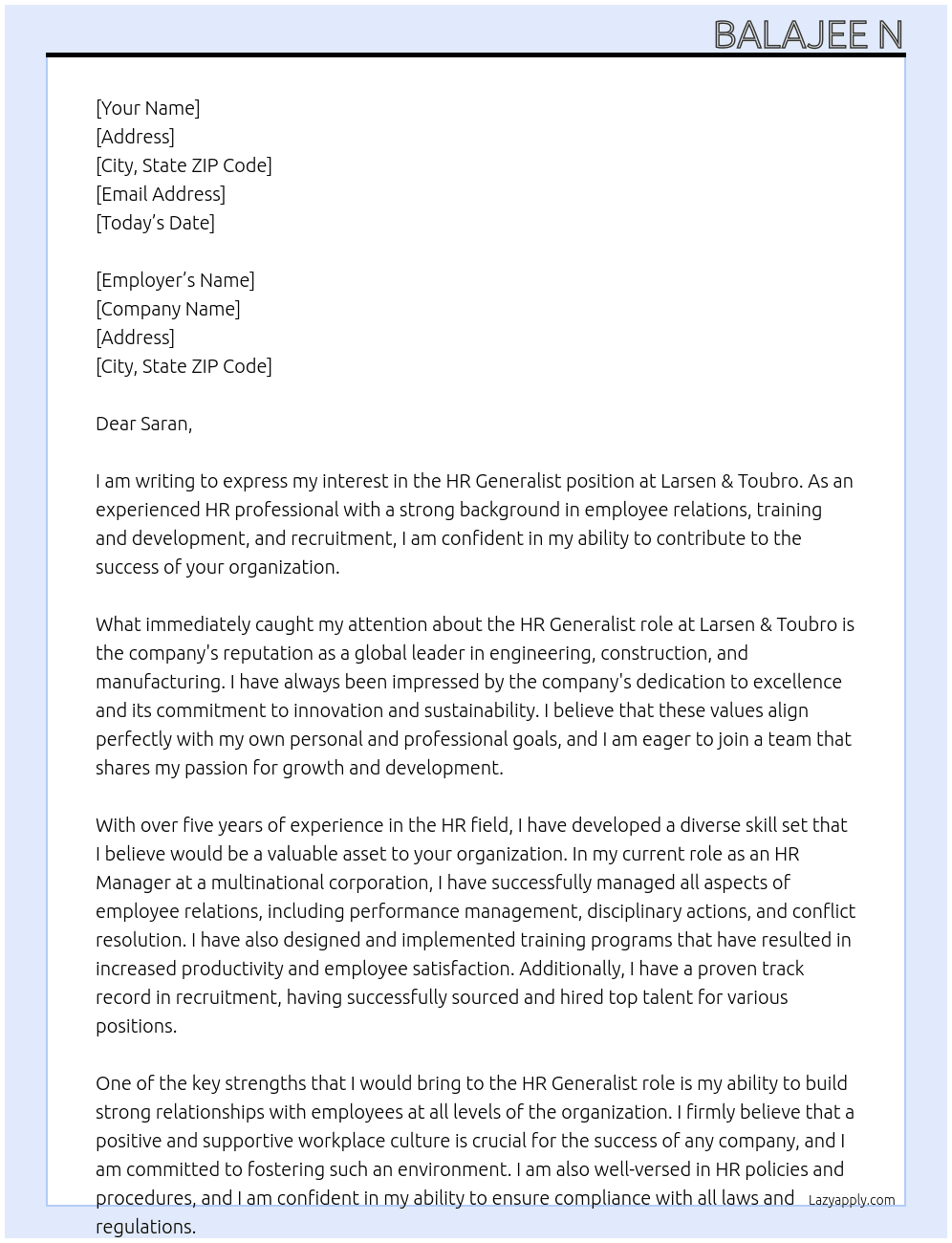 HR Generalist At Larsen & Toubro Cover Letter