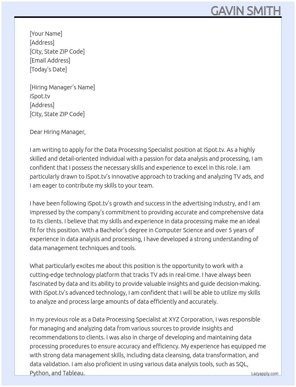 Data Processing Specialist At iSpot.tv Cover Letter