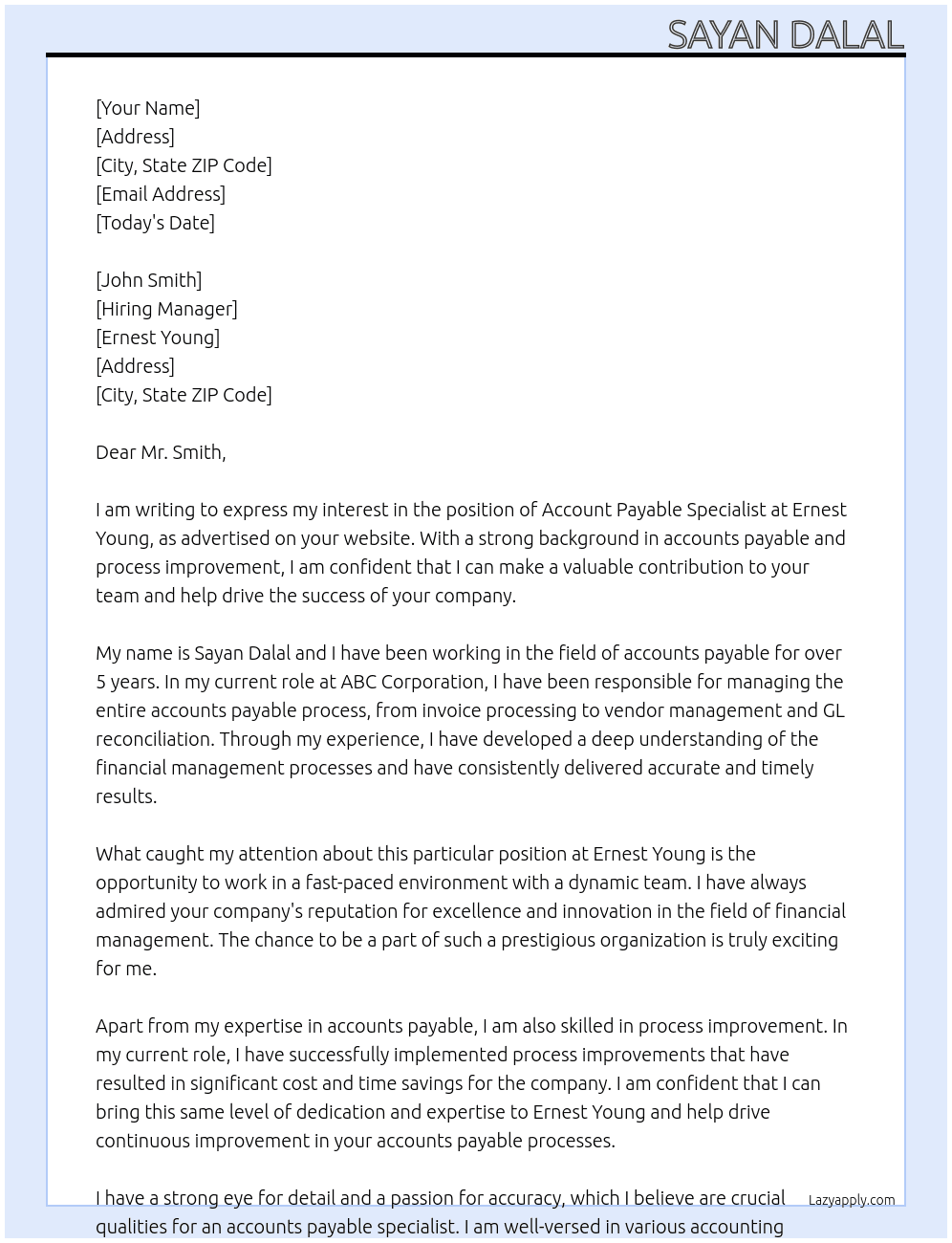 Account Payable Specialist At Ernest Young Cover Letter