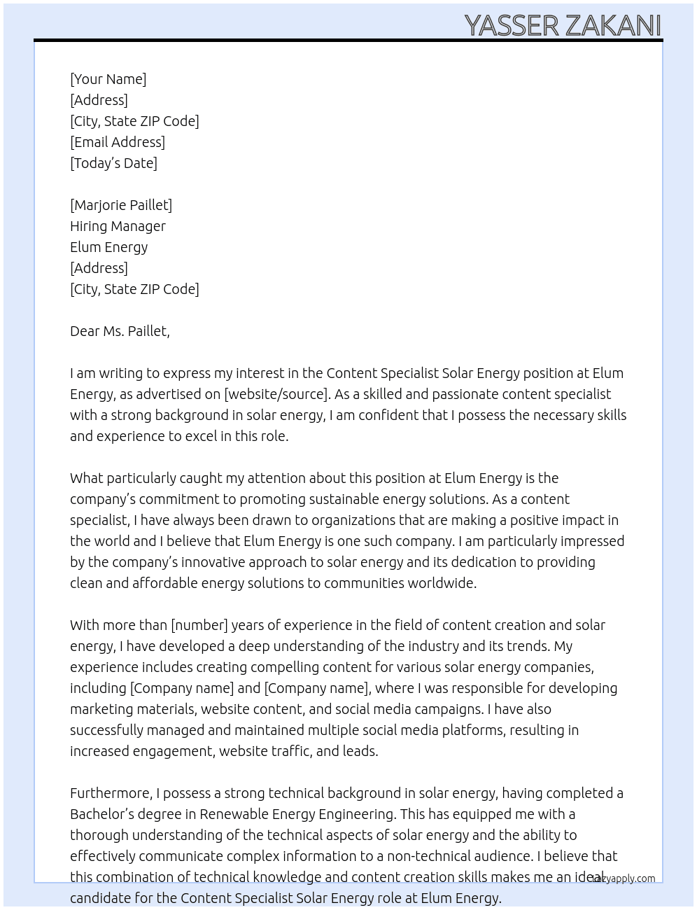 Content Specialist Solar energy At Elum Energy Cover Letter