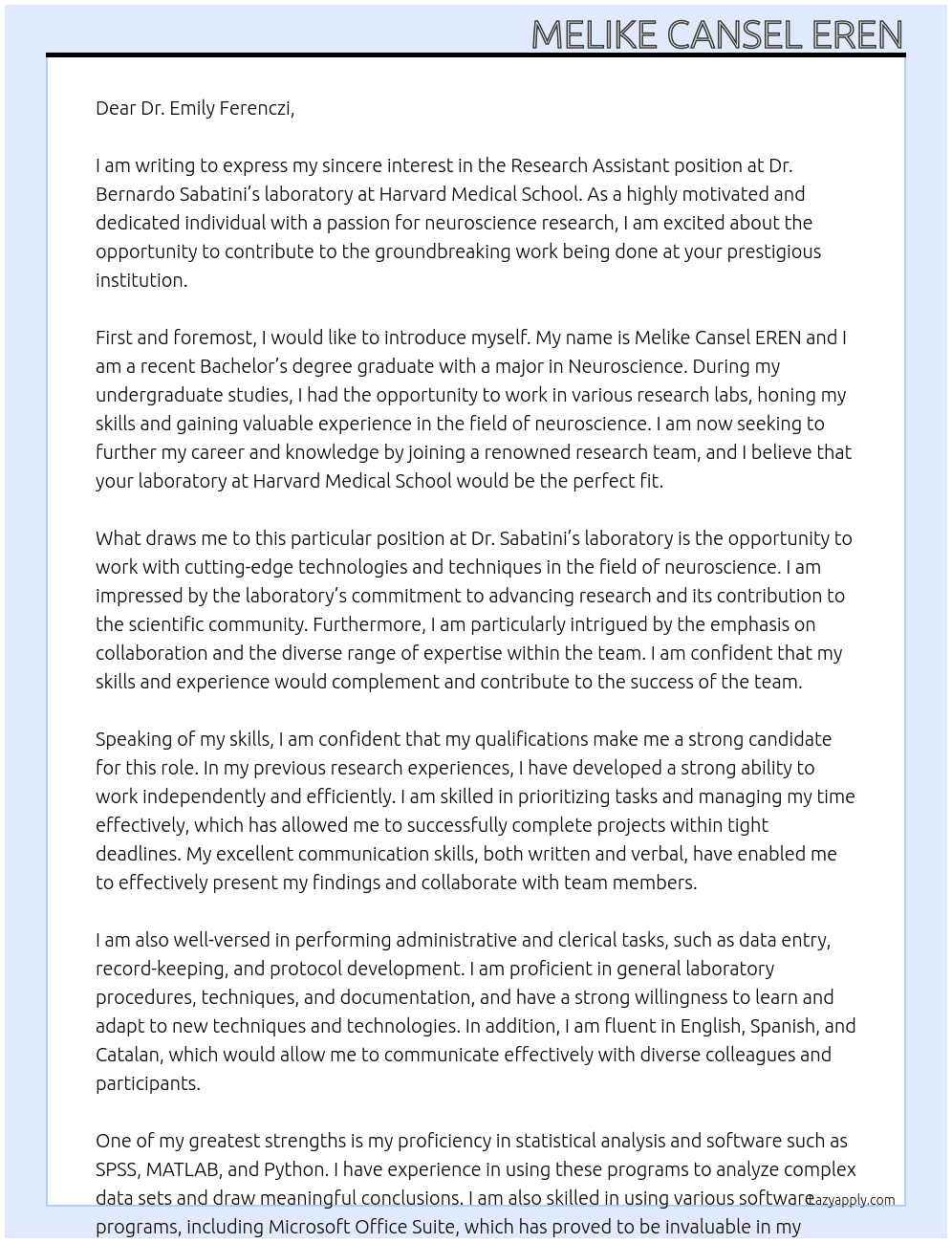 Research Assistant At  Dr. Bernardo Sabatini’s laboratory at Harvard Medical School Cover Letter
