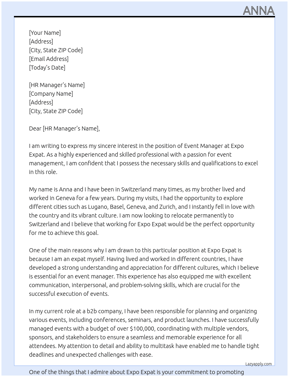 Event manager At Expo Expat Cover Letter