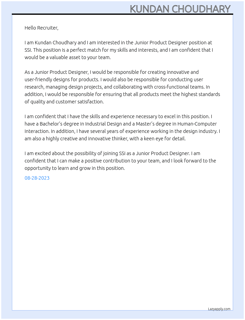 Junior Product Designer At SSI Cover Letter