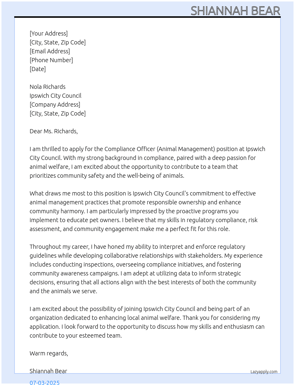 Compliance Officer (Animal Management) At Ipswich City Council Cover Letter