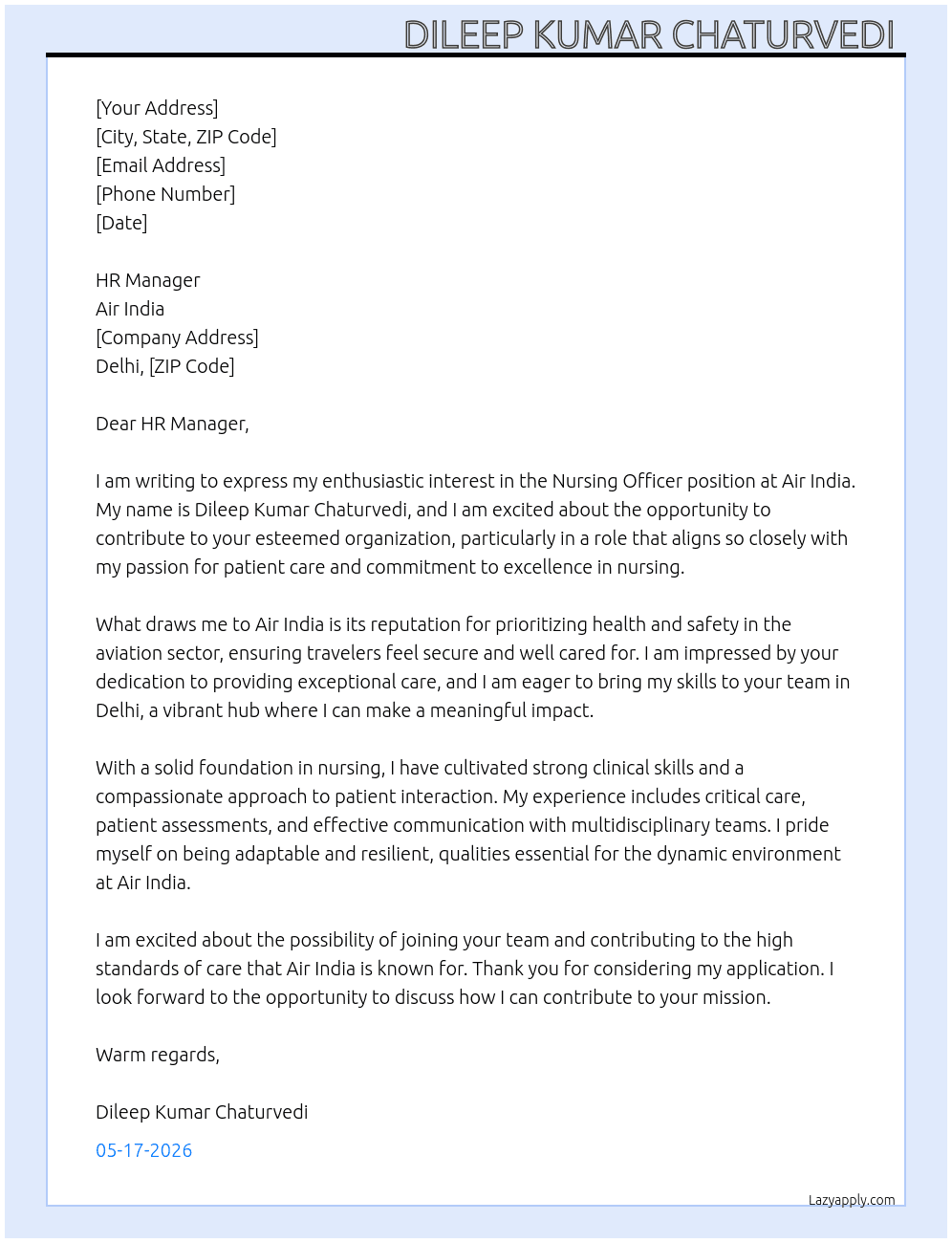 Cover letter for nursing officer - LazyApply