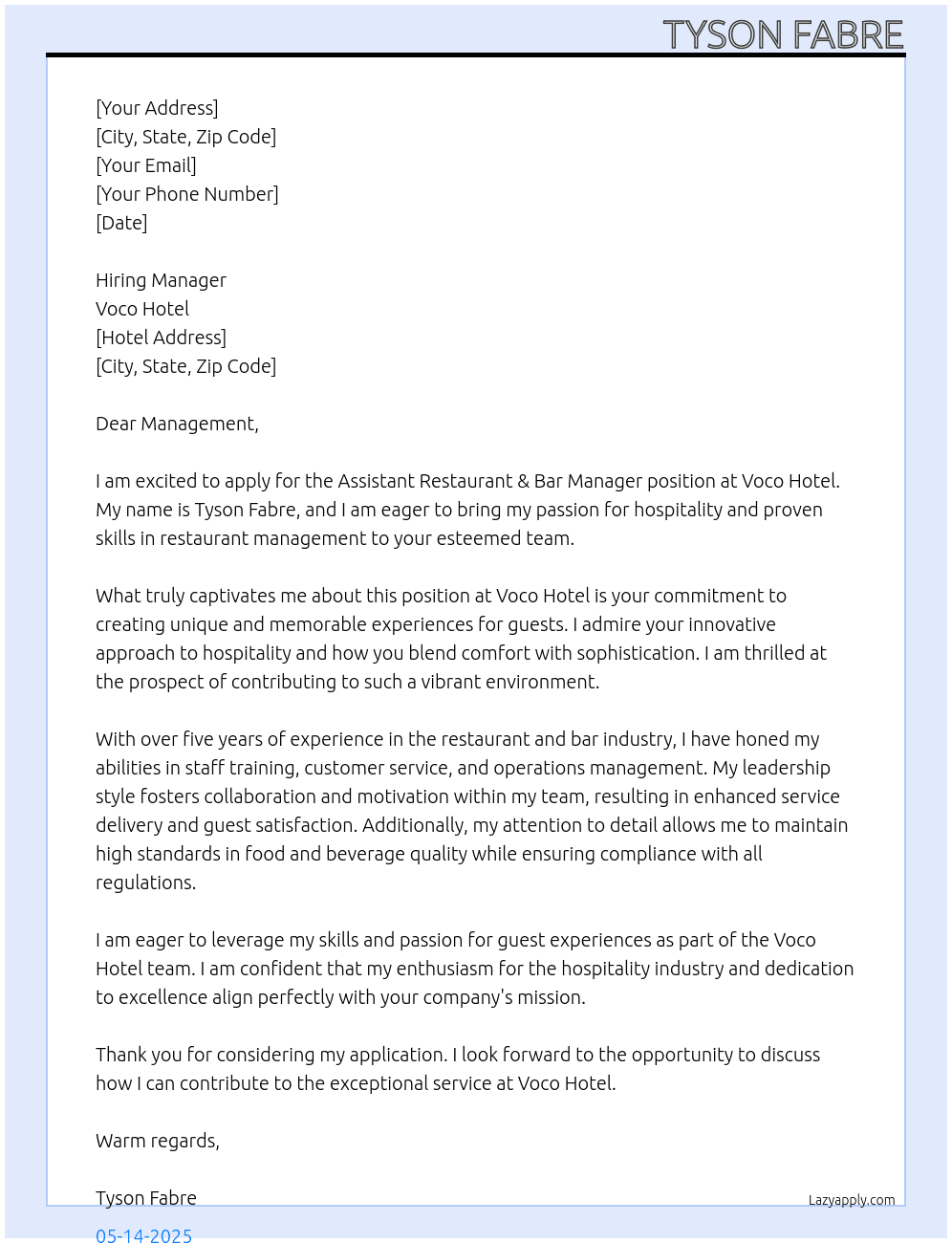 Cover letter for asistant restaurant & bar manager - LazyApply