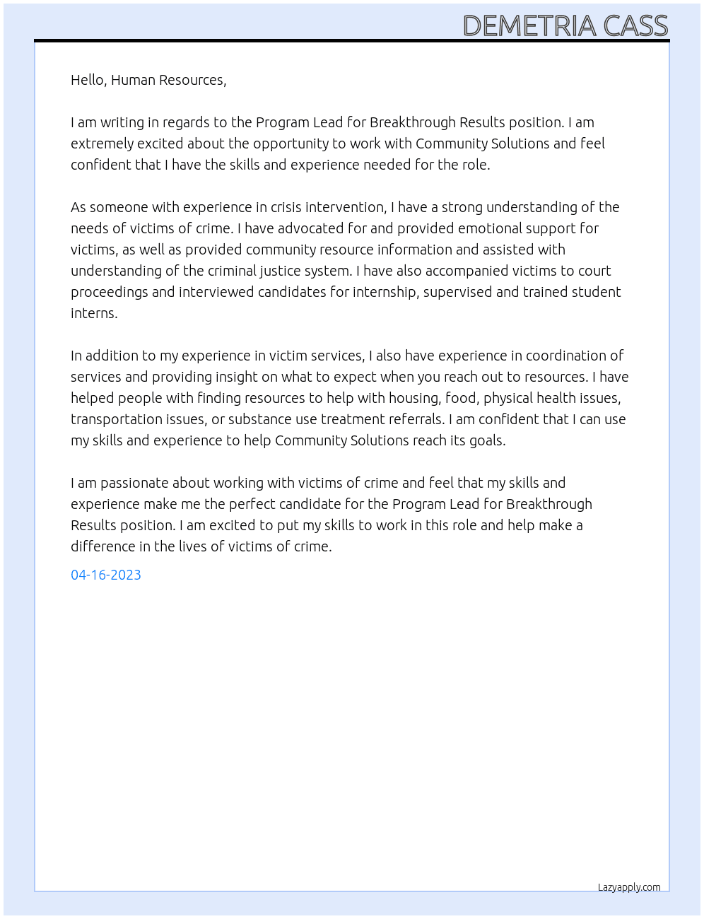 Program Lead for Breakthrough Results At Community Solutions Cover Letter